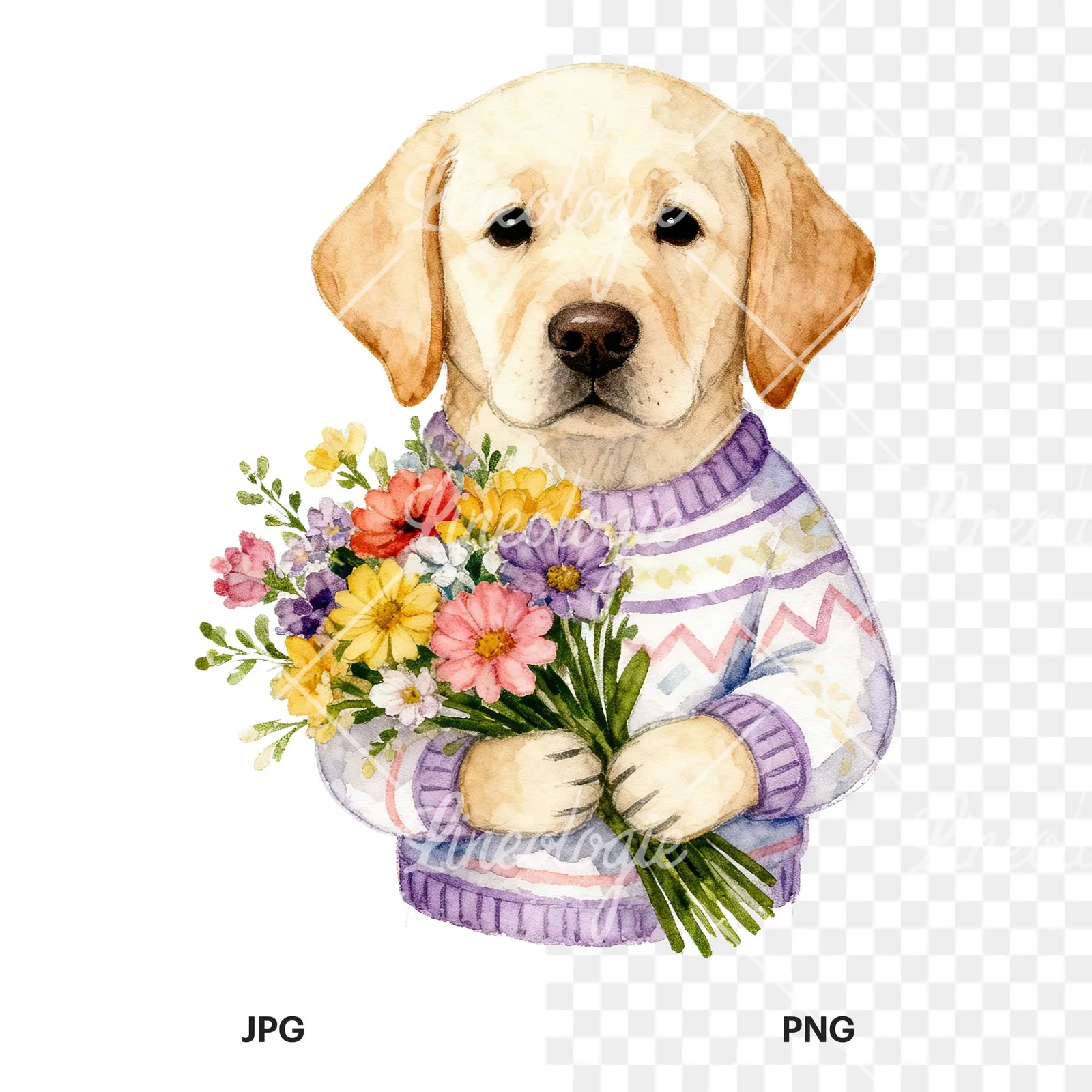 Watercolor Easter puppy with egg sweater clipart 6 of 9, as a JPG on white and a transparent PNG