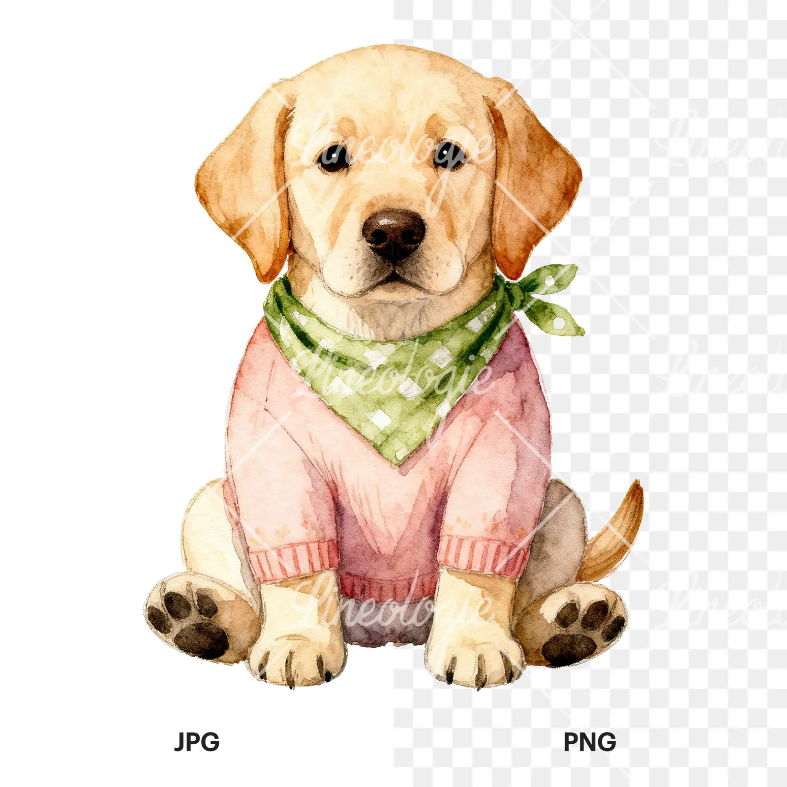 Watercolor Easter puppy with egg sweater clipart 7 of 9, as a JPG on white and a transparent PNG