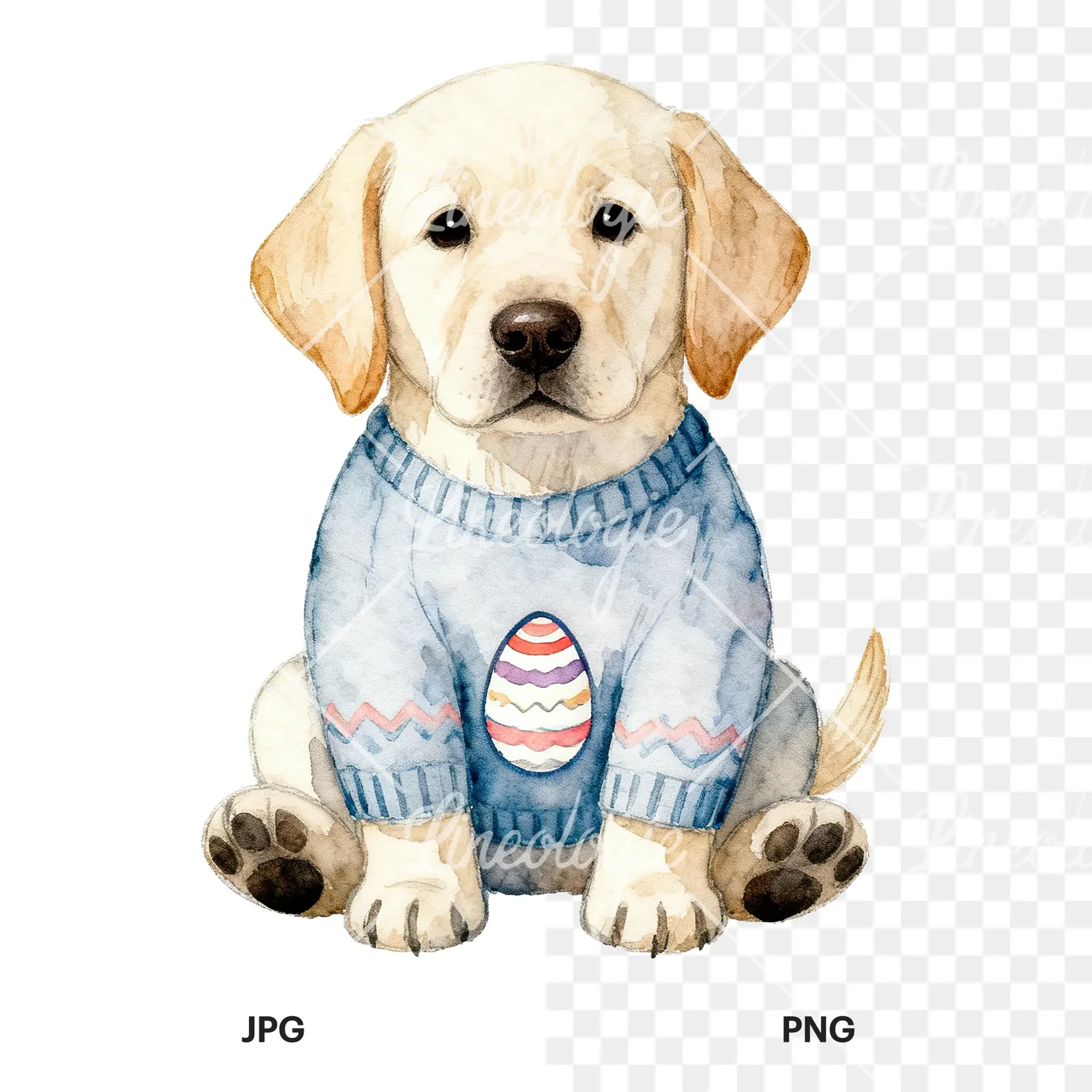 Watercolor Easter puppy with egg sweater clipart 8 of 9, as a JPG on white and a transparent PNG
