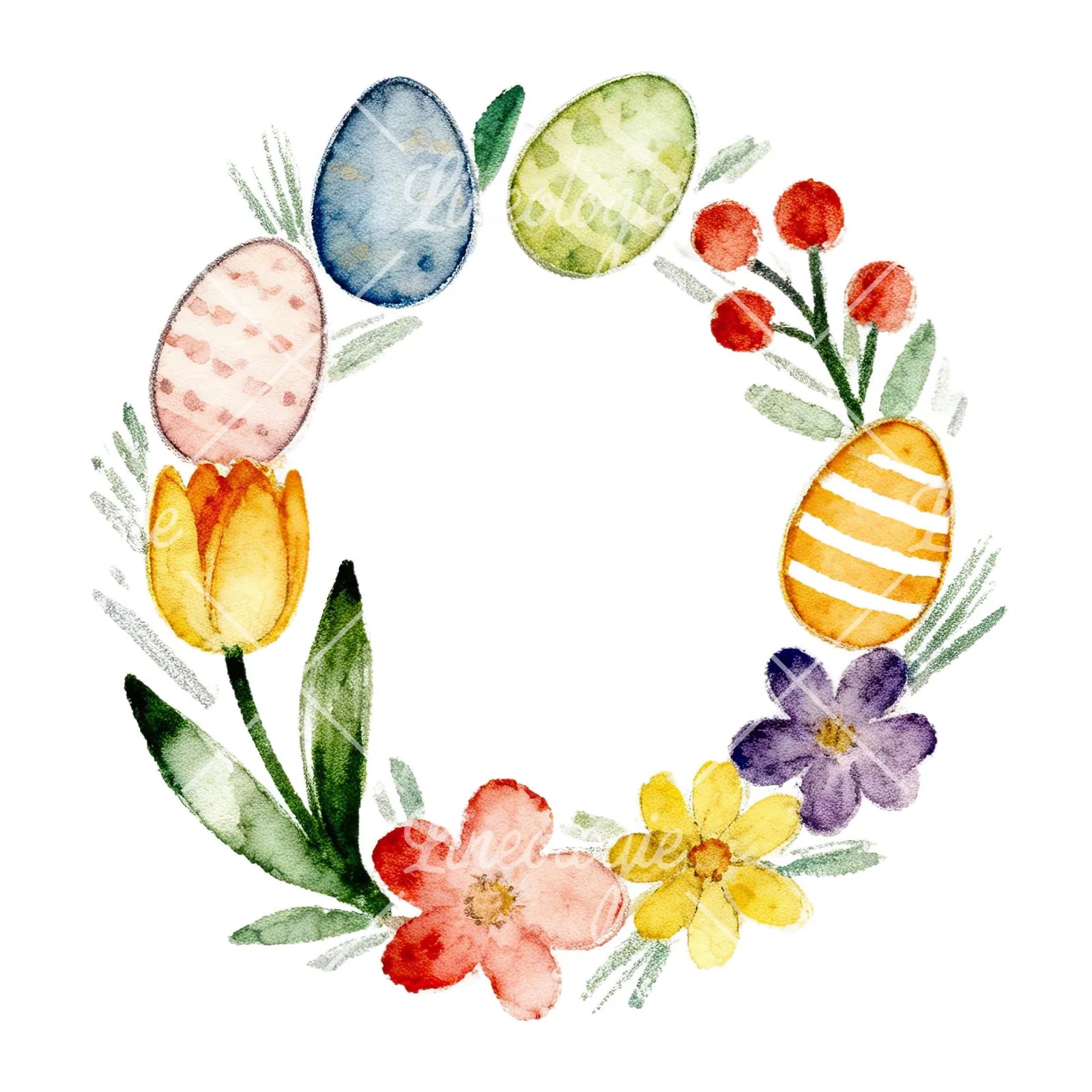 Watercolor Easter wreath with flowers and eggs clipart 1 of 9 on a white background (JPG)