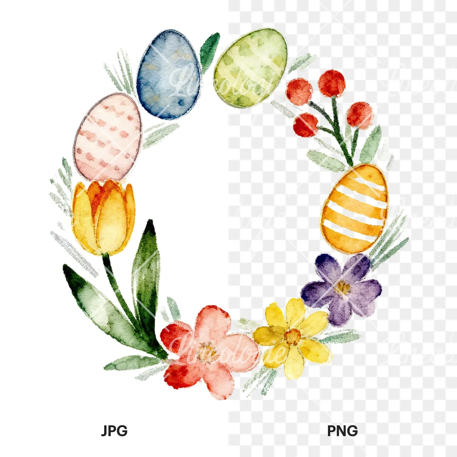 Watercolor Easter wreath with flowers and eggs clipart 1 of 9, as a JPG on white and a transparent PNG
