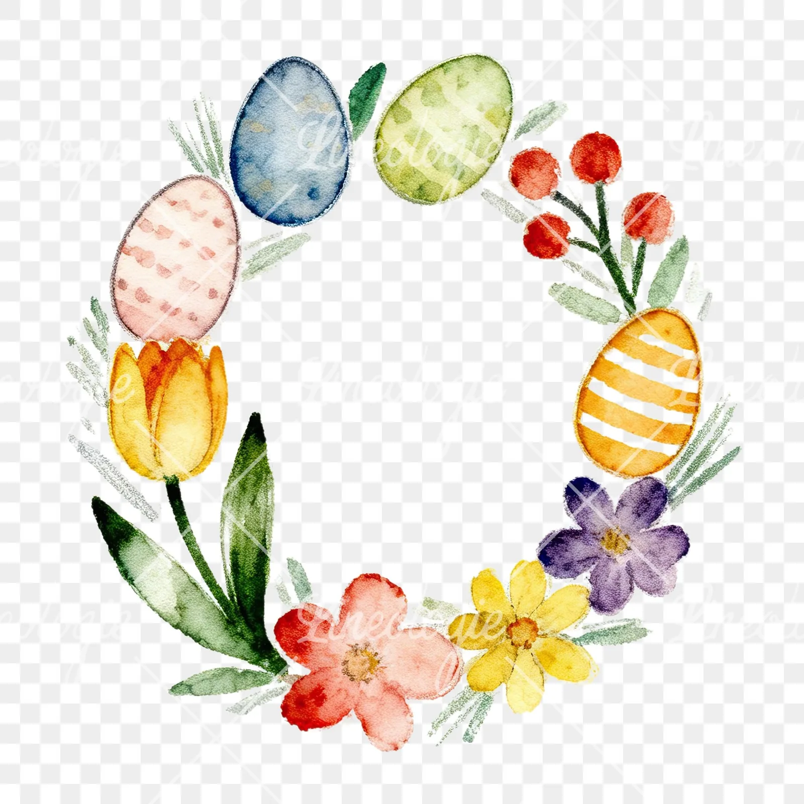 Watercolor Easter wreath with flowers and eggs clipart 1 of 9 on a transparent background (PNG)