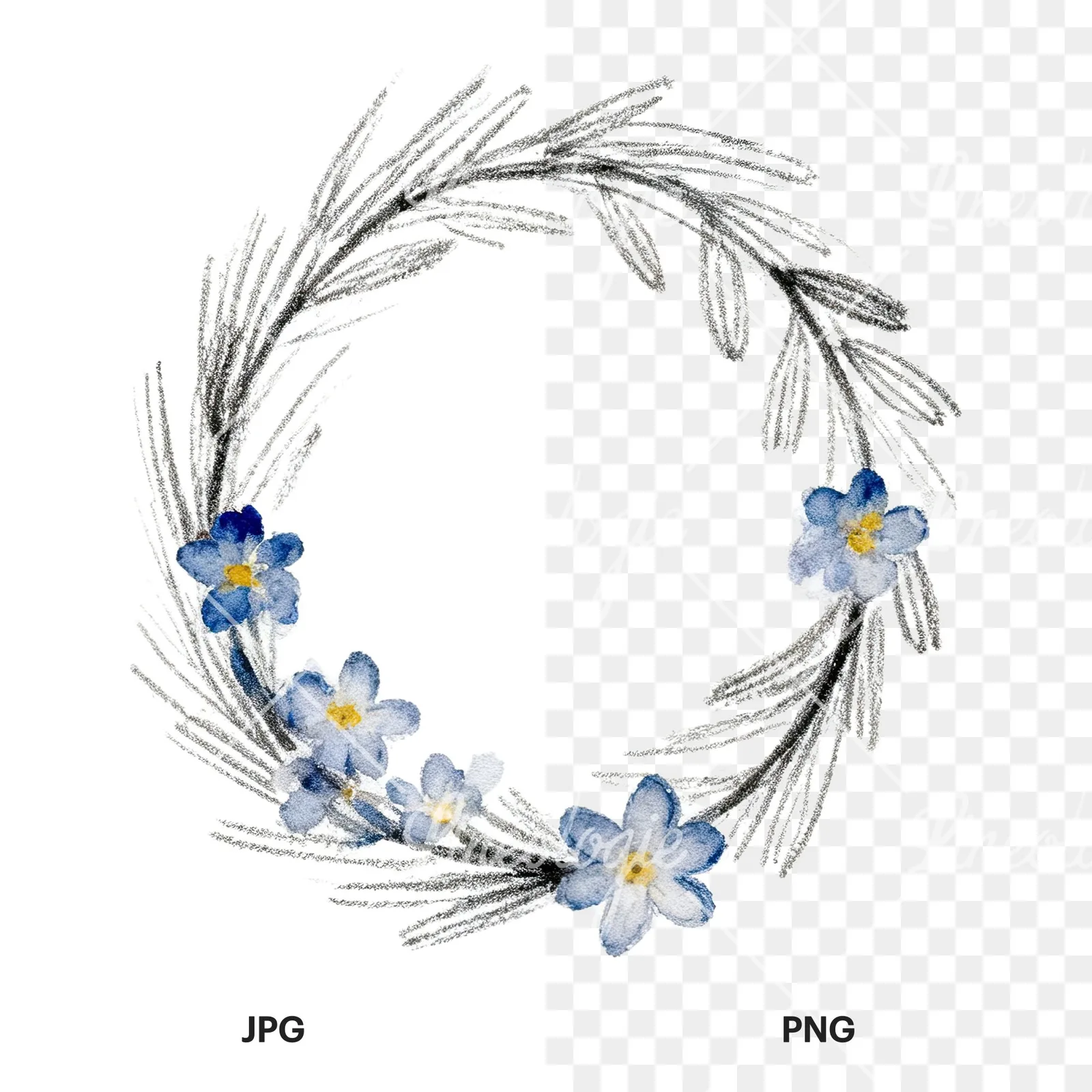Watercolor Easter wreath with flowers and eggs clipart 2 of 9, as a JPG on white and a transparent PNG
