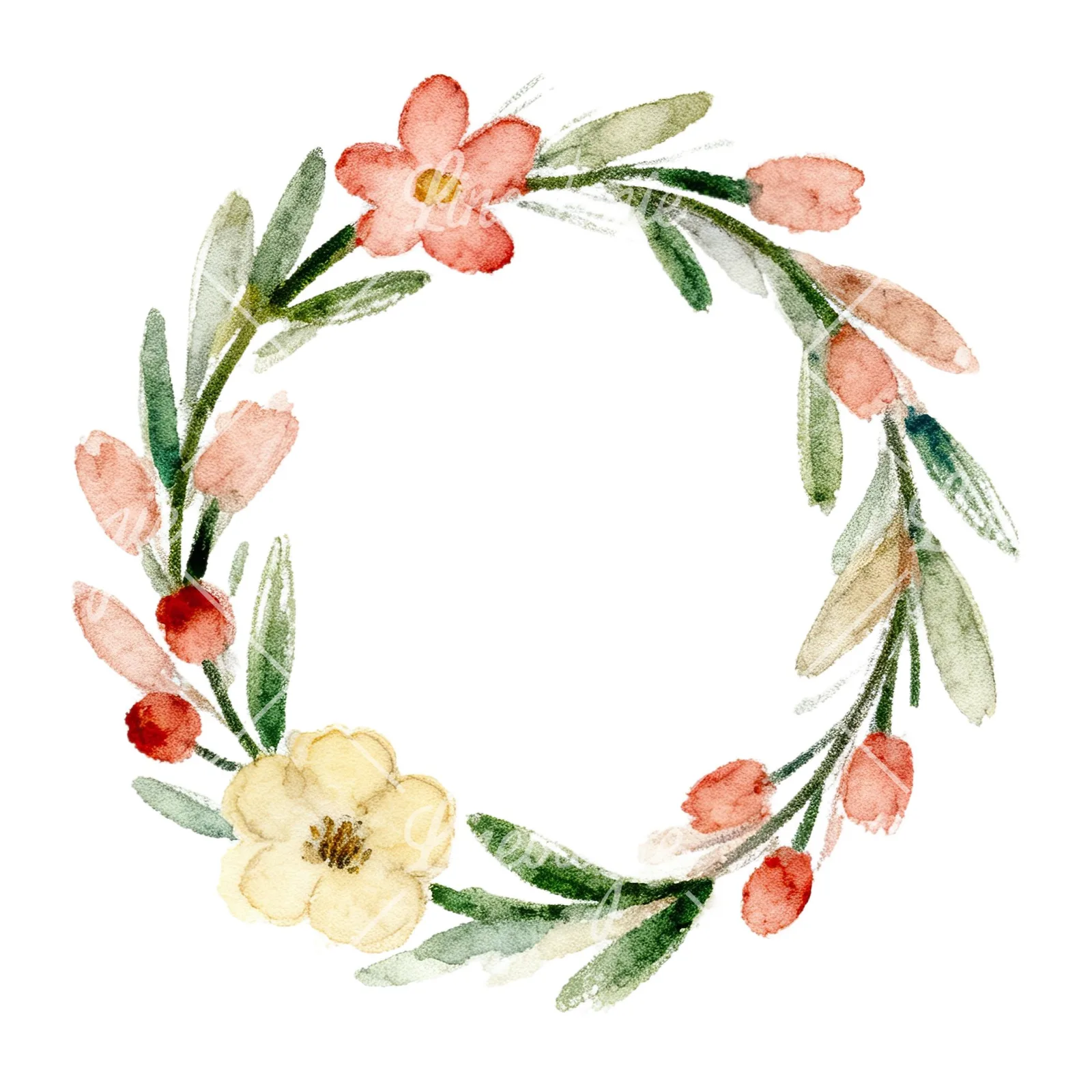 Watercolor Easter wreath with flowers and eggs clipart 3 of 9 on a white background (JPG)