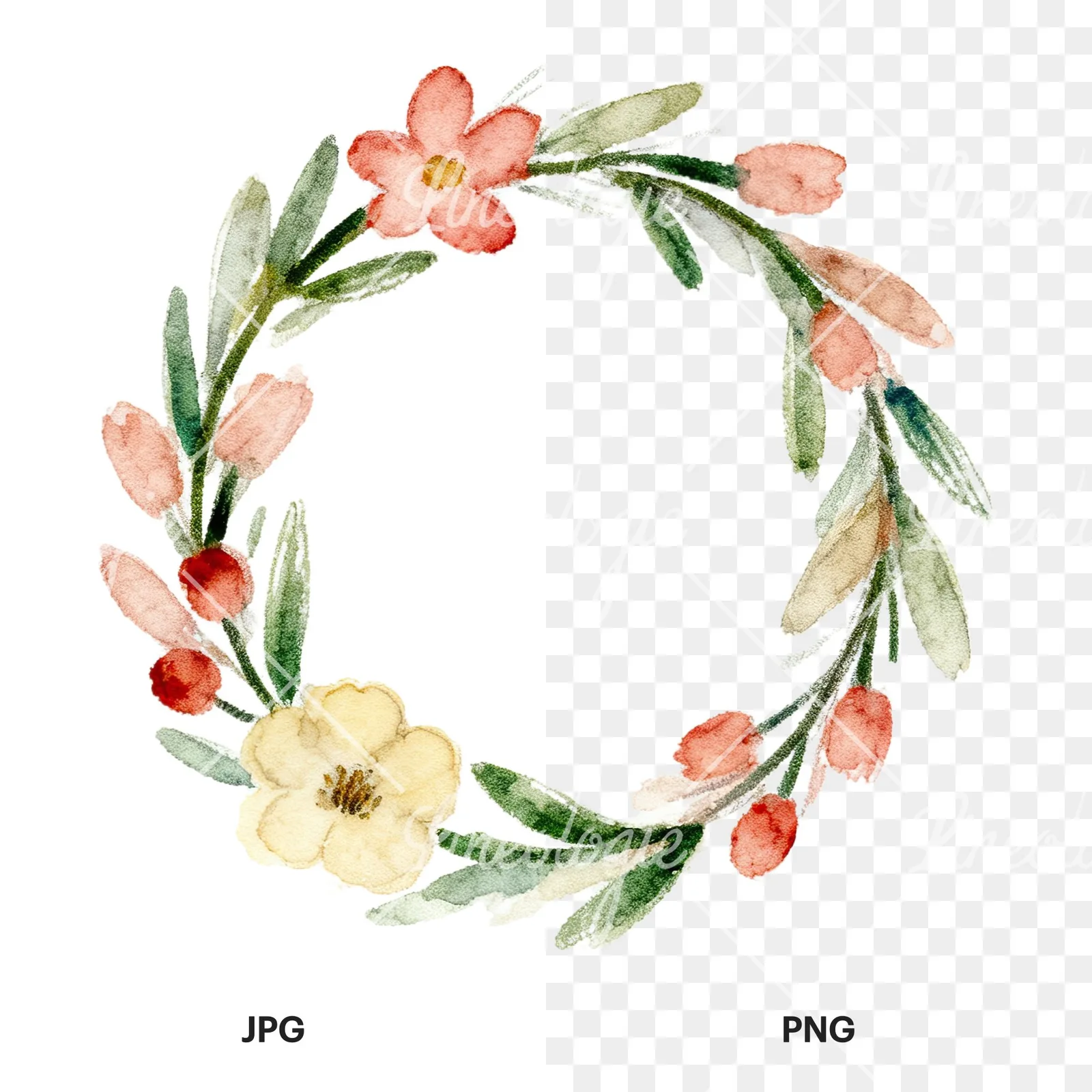 Watercolor Easter wreath with flowers and eggs clipart 3 of 9, as a JPG on white and a transparent PNG