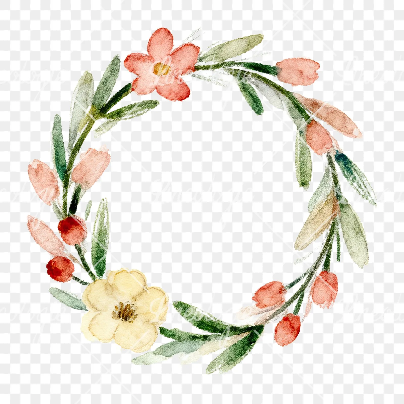 Watercolor Easter wreath with flowers and eggs clipart 3 of 9 on a transparent background (PNG)