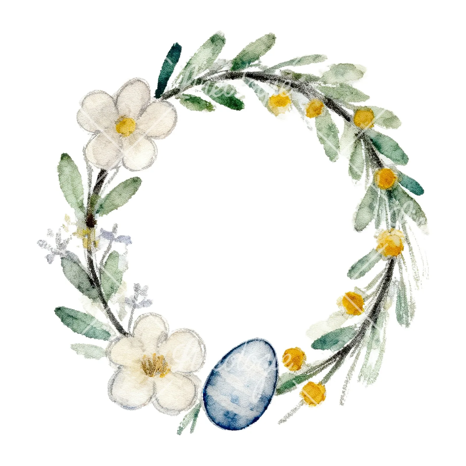 Watercolor Easter wreath with flowers and eggs clipart 4 of 9 on a white background (JPG)