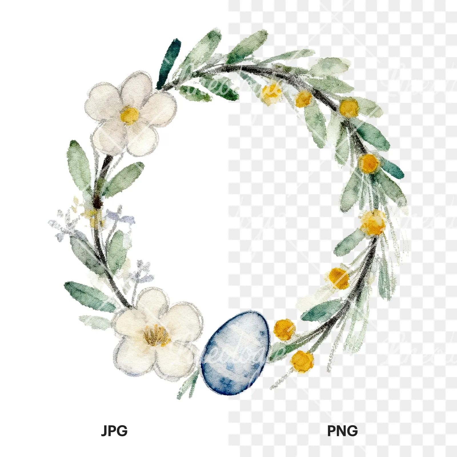 Watercolor Easter wreath with flowers and eggs clipart 4 of 9, as a JPG on white and a transparent PNG