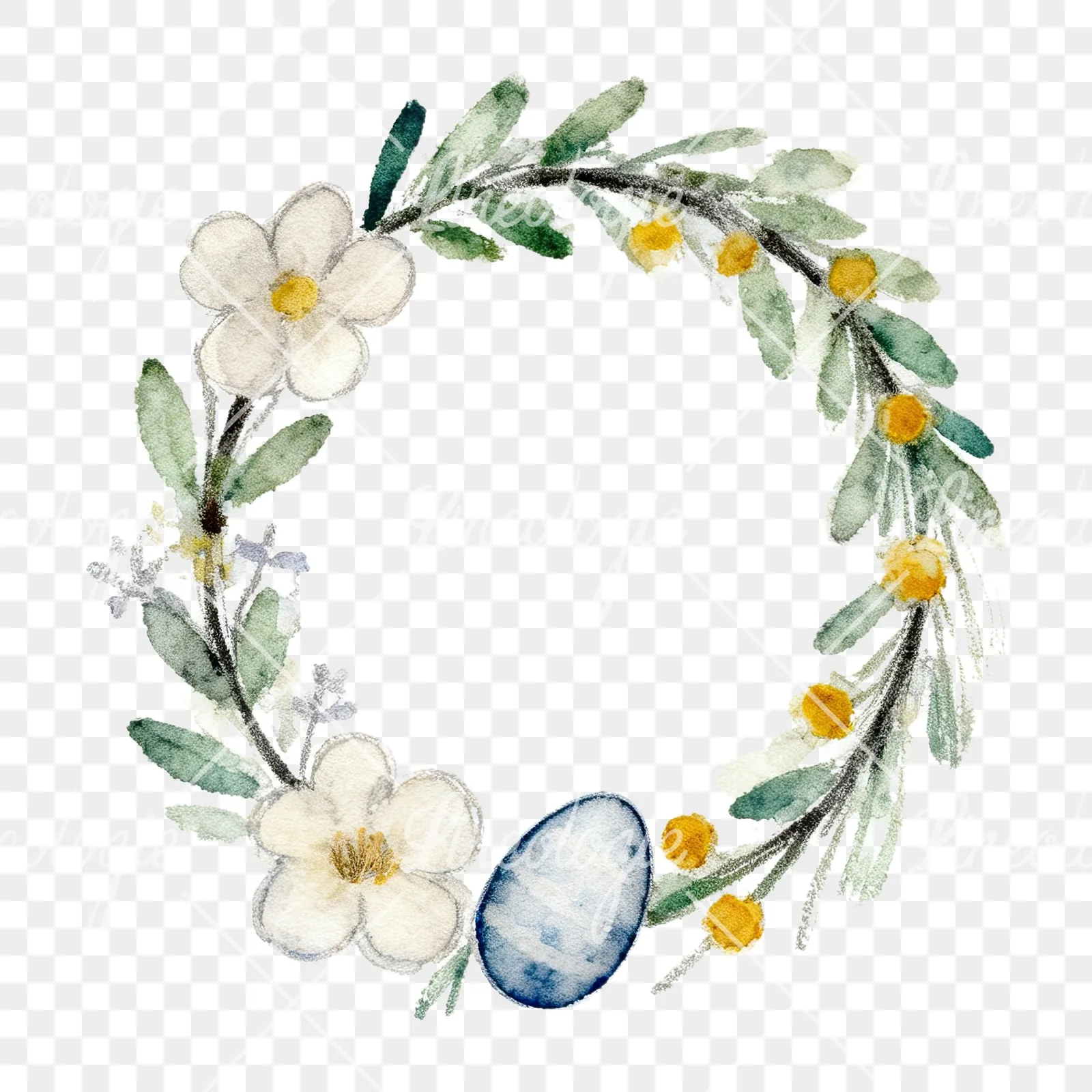 Watercolor Easter wreath with flowers and eggs clipart 4 of 9 on a transparent background (PNG)