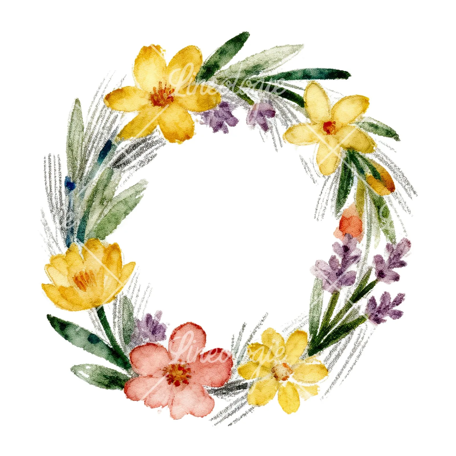 Watercolor Easter wreath with flowers and eggs clipart 5 of 9 on a white background (JPG)