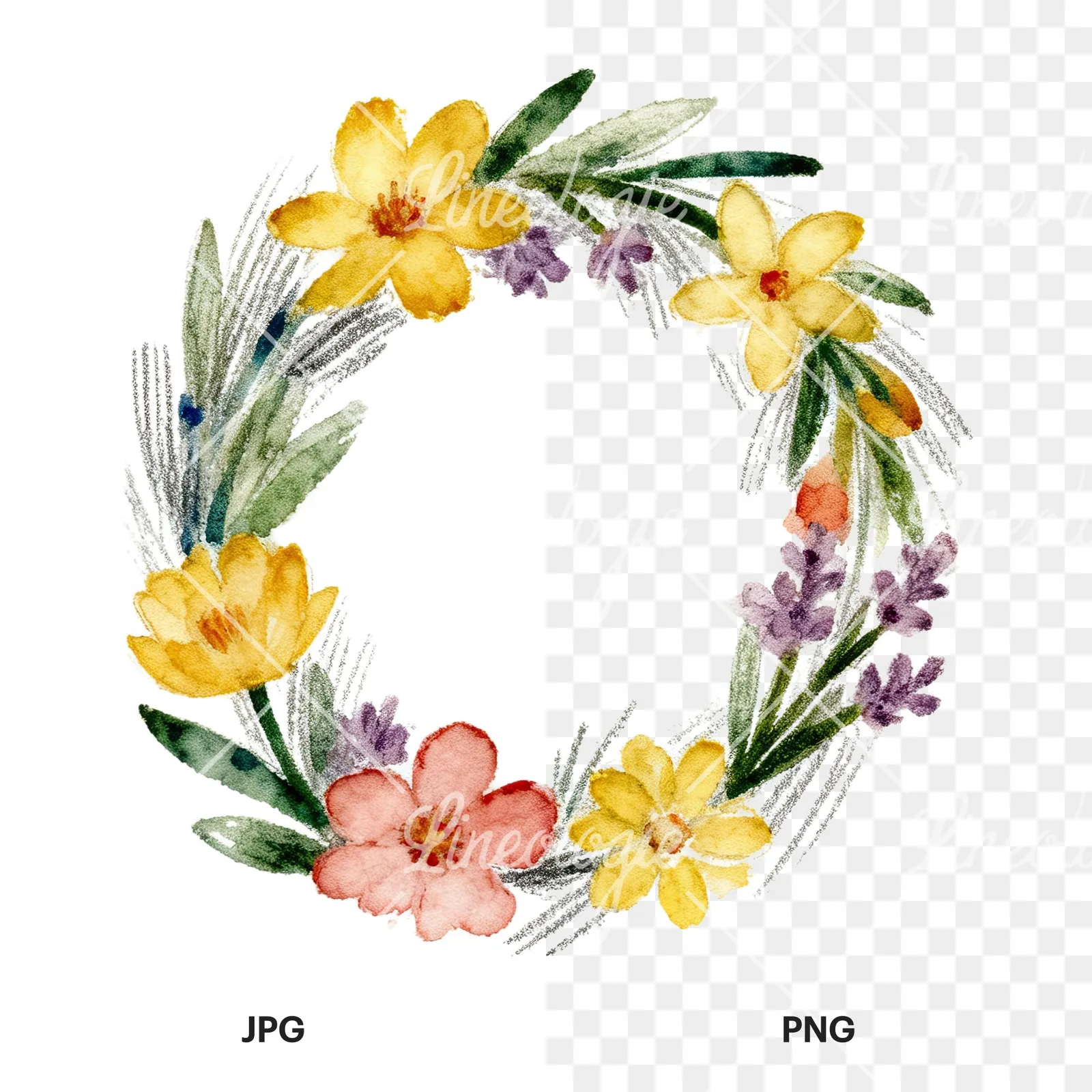 Watercolor Easter wreath with flowers and eggs clipart 5 of 9, as a JPG on white and a transparent PNG