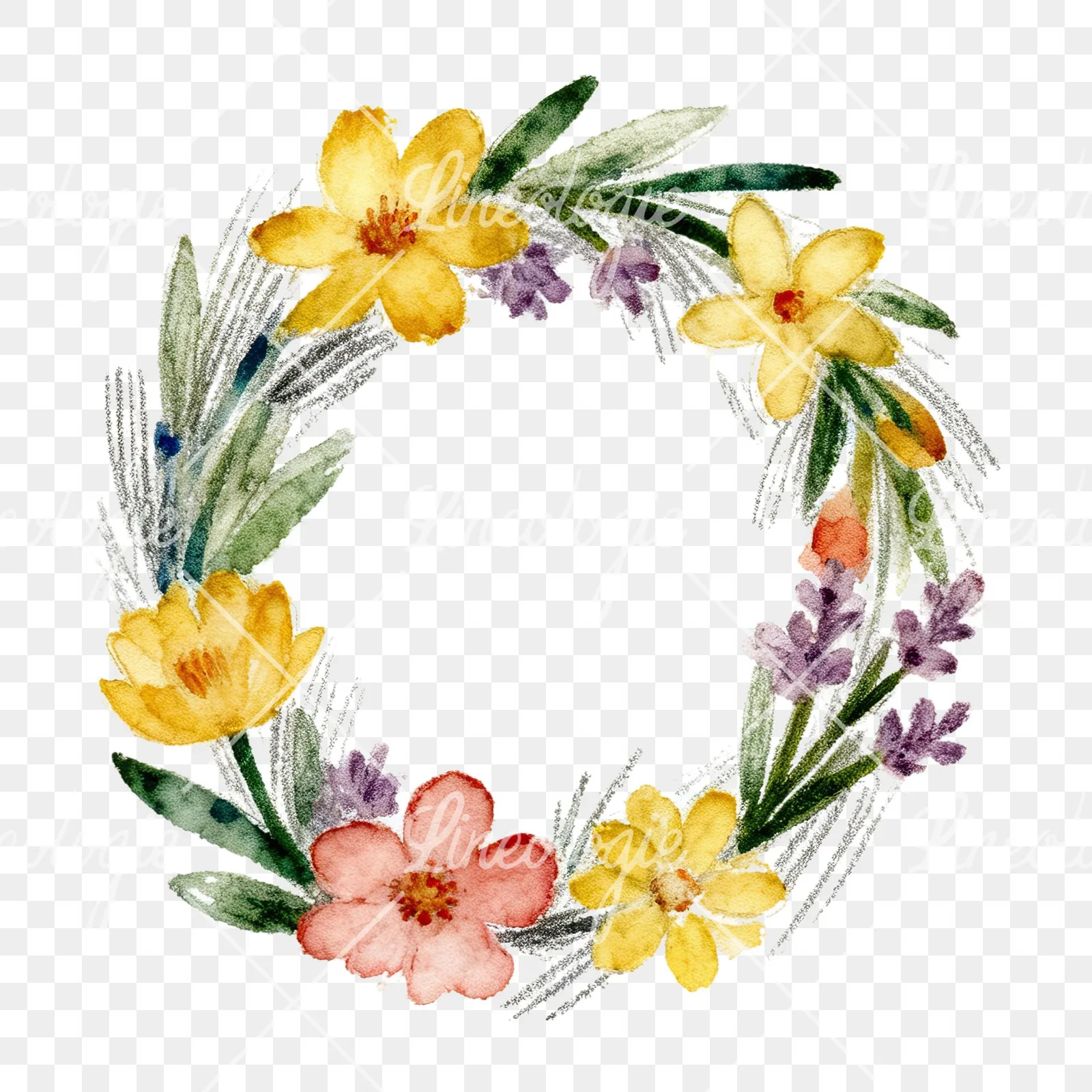 Watercolor Easter wreath with flowers and eggs clipart 5 of 9 on a transparent background (PNG)