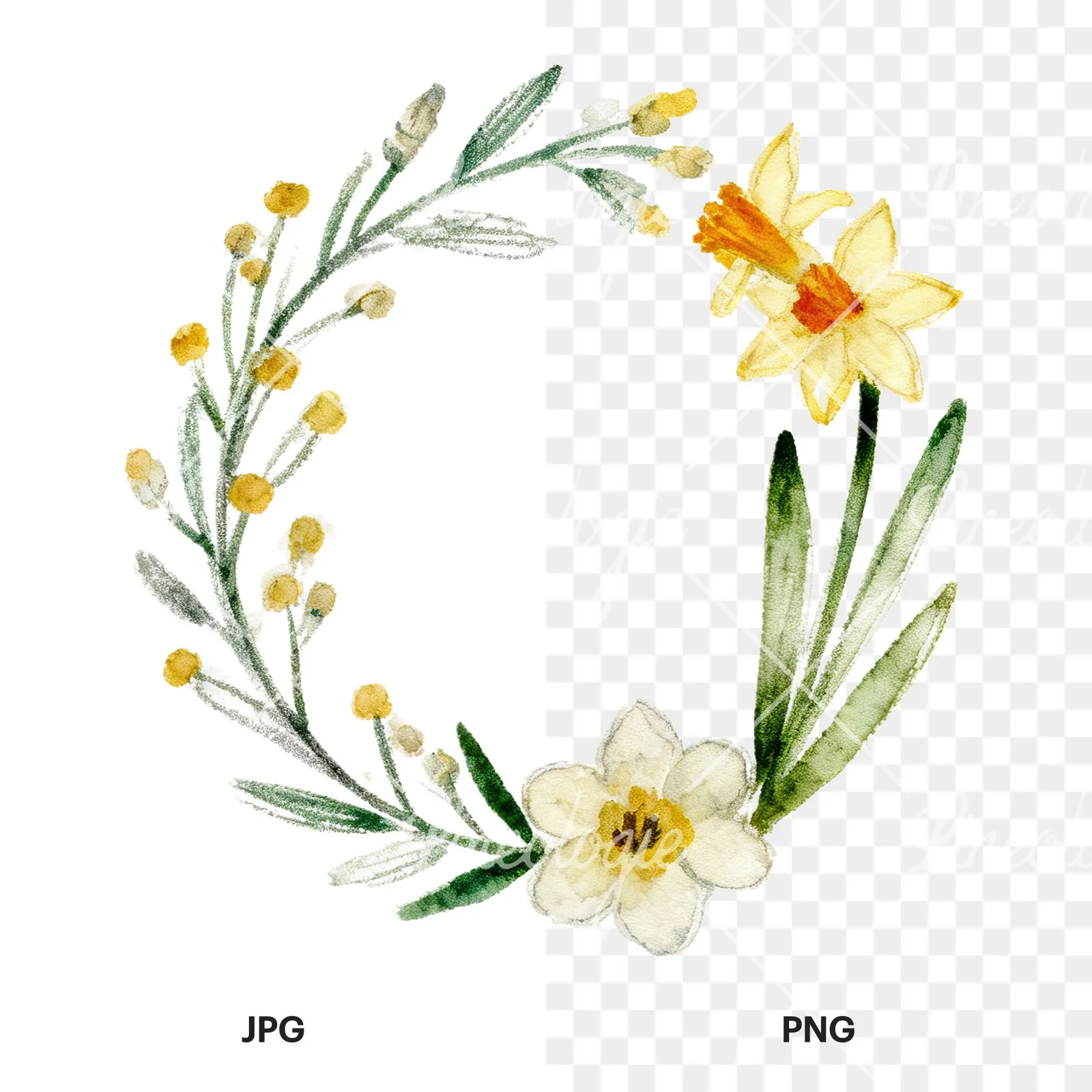 Watercolor Easter wreath with flowers and eggs clipart 6 of 9, as a JPG on white and a transparent PNG