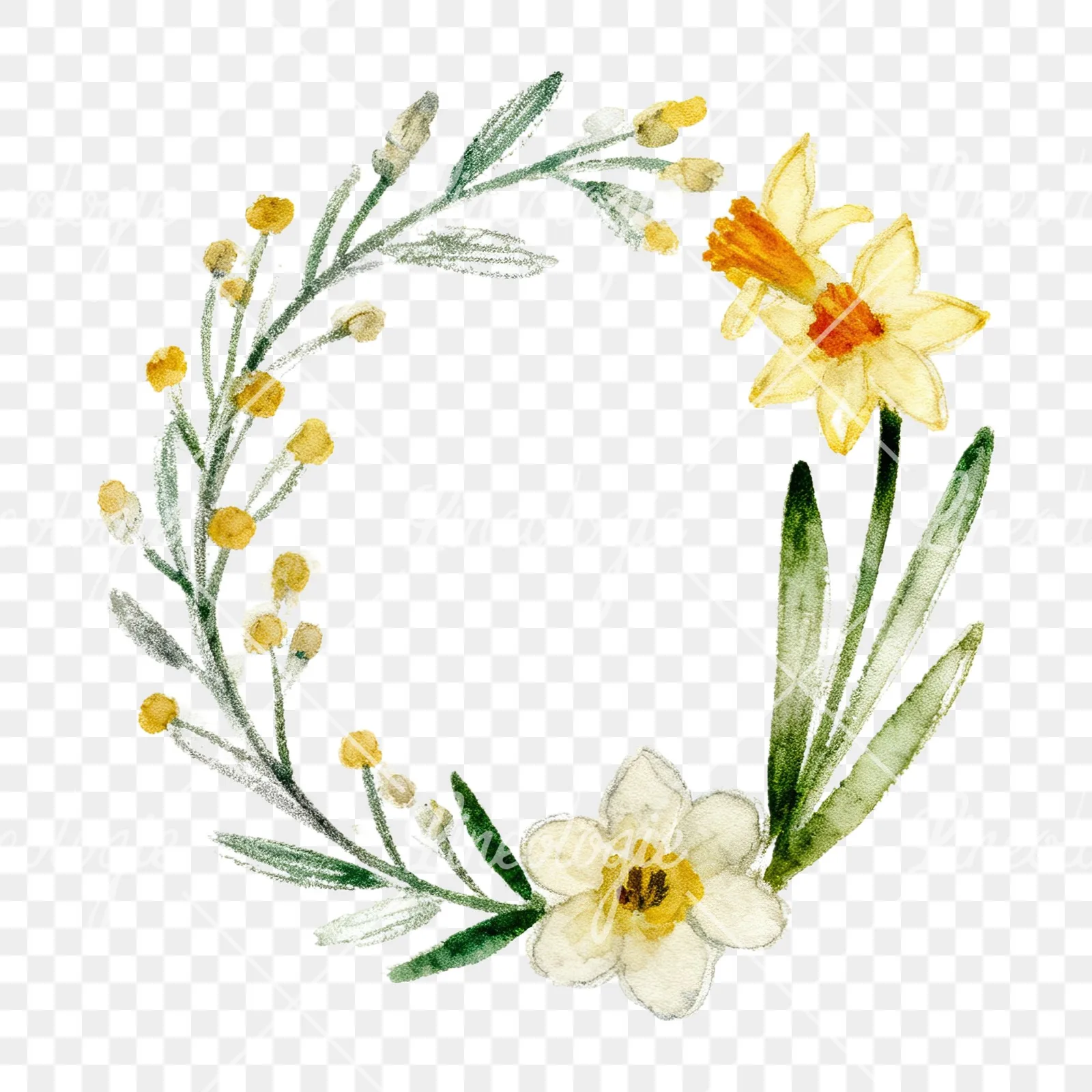 Watercolor Easter wreath with flowers and eggs clipart 6 of 9 on a transparent background (PNG)