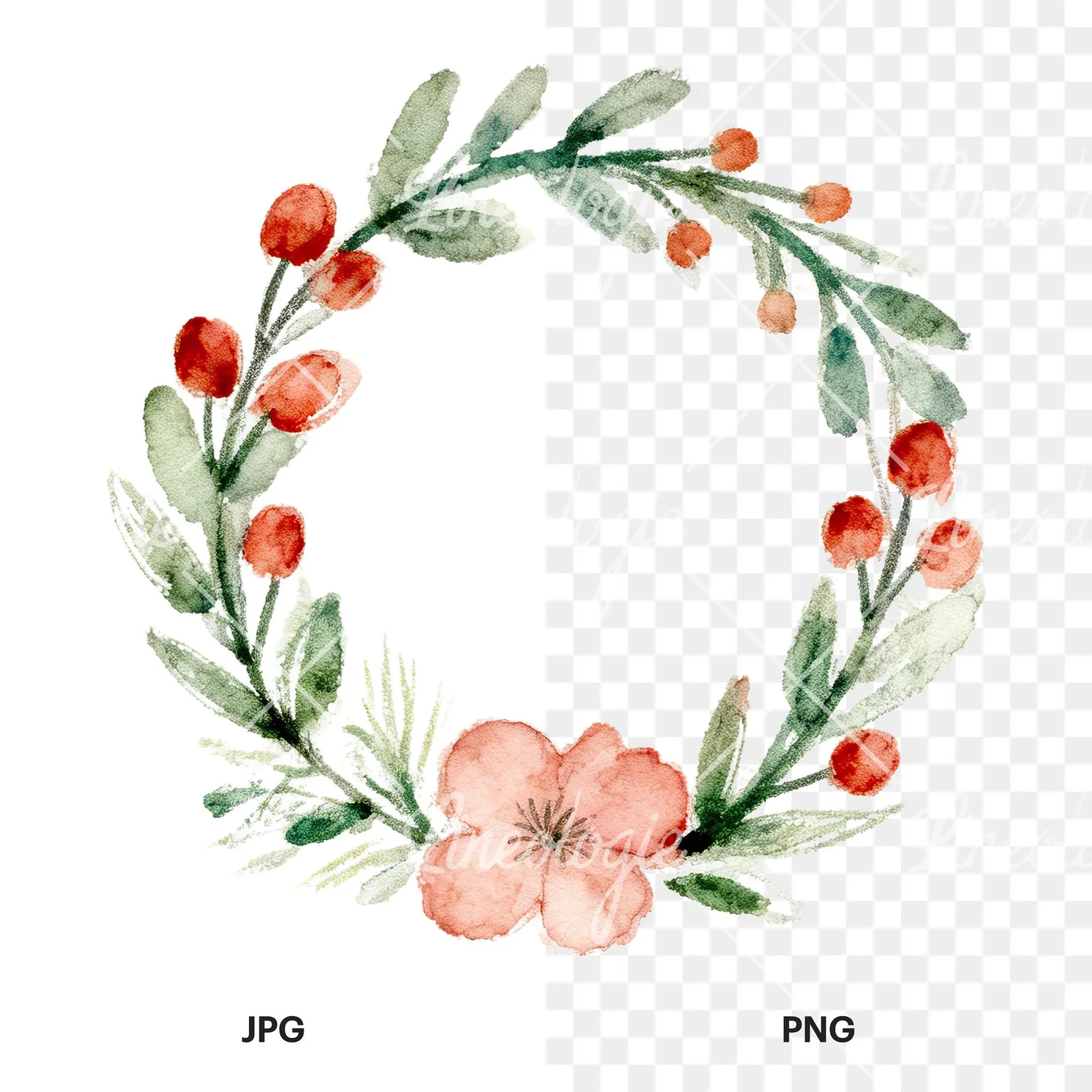 Watercolor Easter wreath with flowers and eggs clipart 7 of 9, as a JPG on white and a transparent PNG