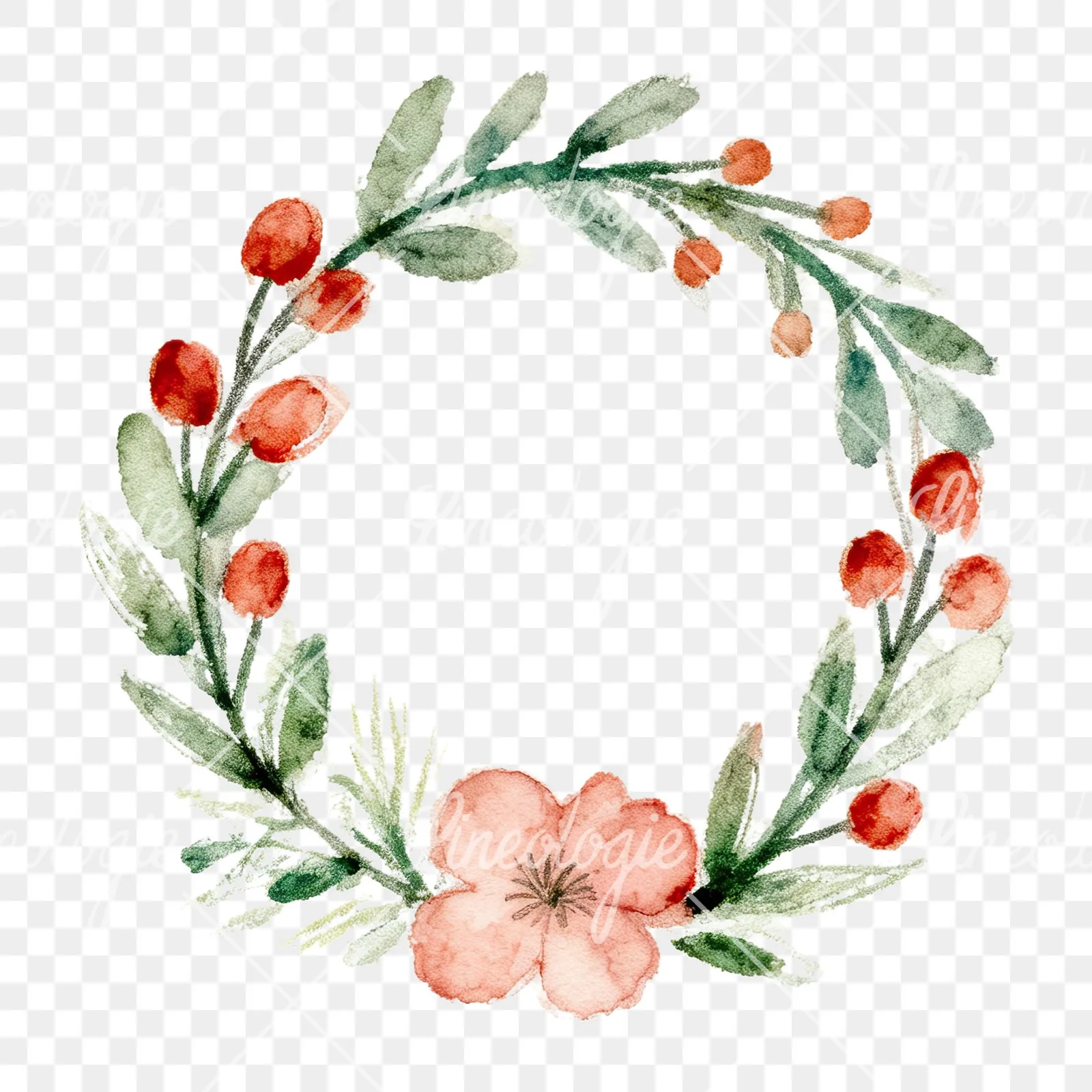 Watercolor Easter wreath with flowers and eggs clipart 7 of 9 on a transparent background (PNG)