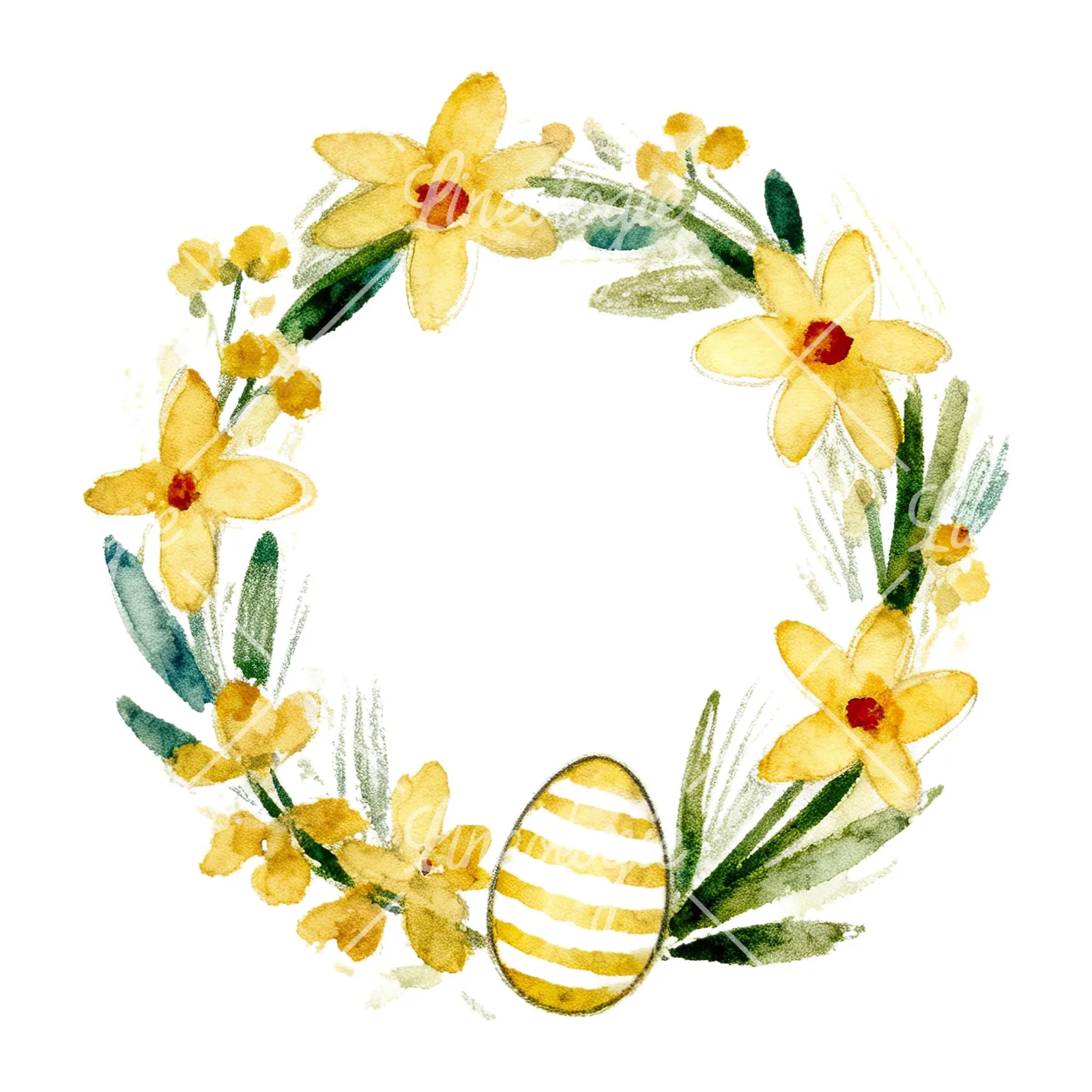 Watercolor Easter wreath with flowers and eggs clipart 8 of 9 on a white background (JPG)