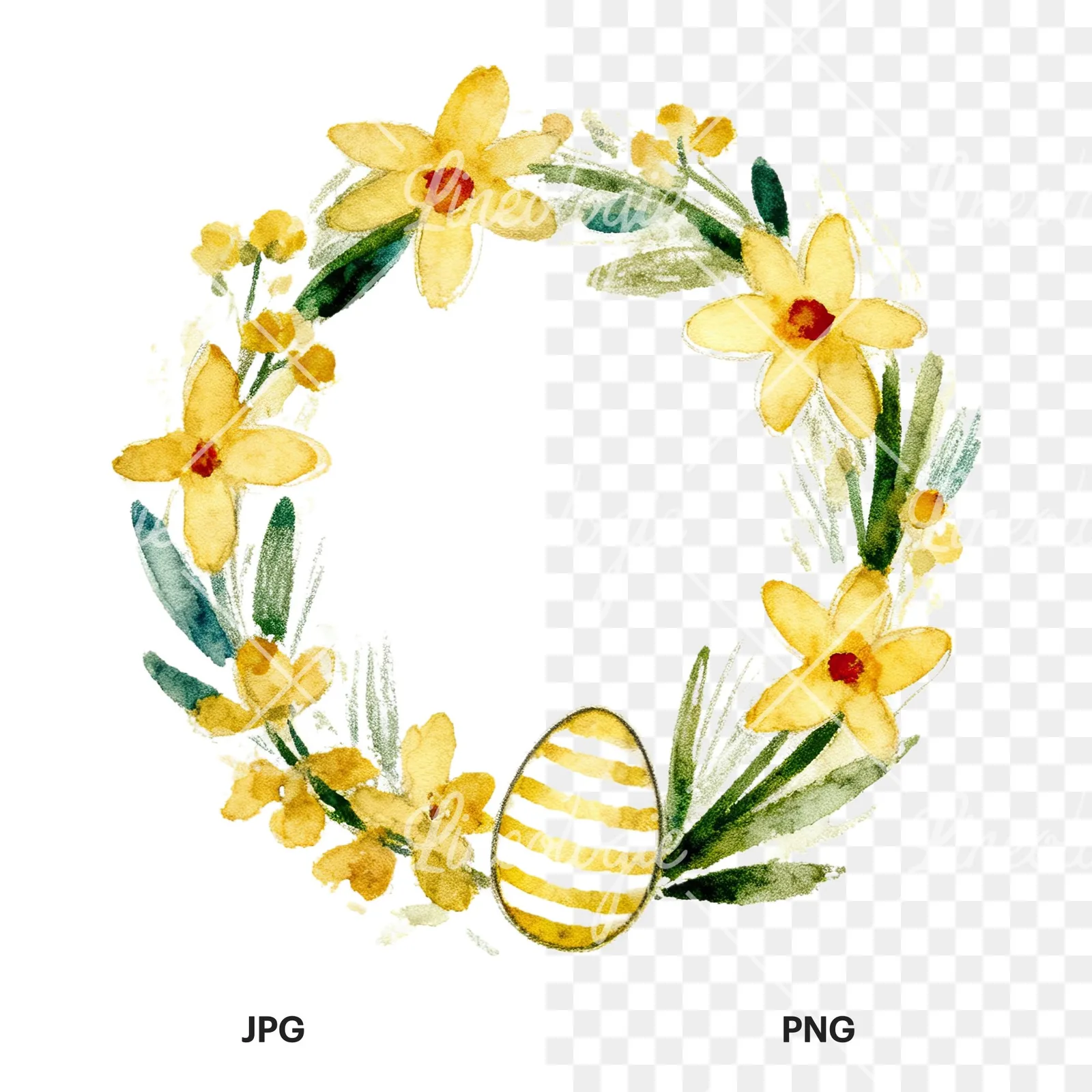 Watercolor Easter wreath with flowers and eggs clipart 8 of 9, as a JPG on white and a transparent PNG