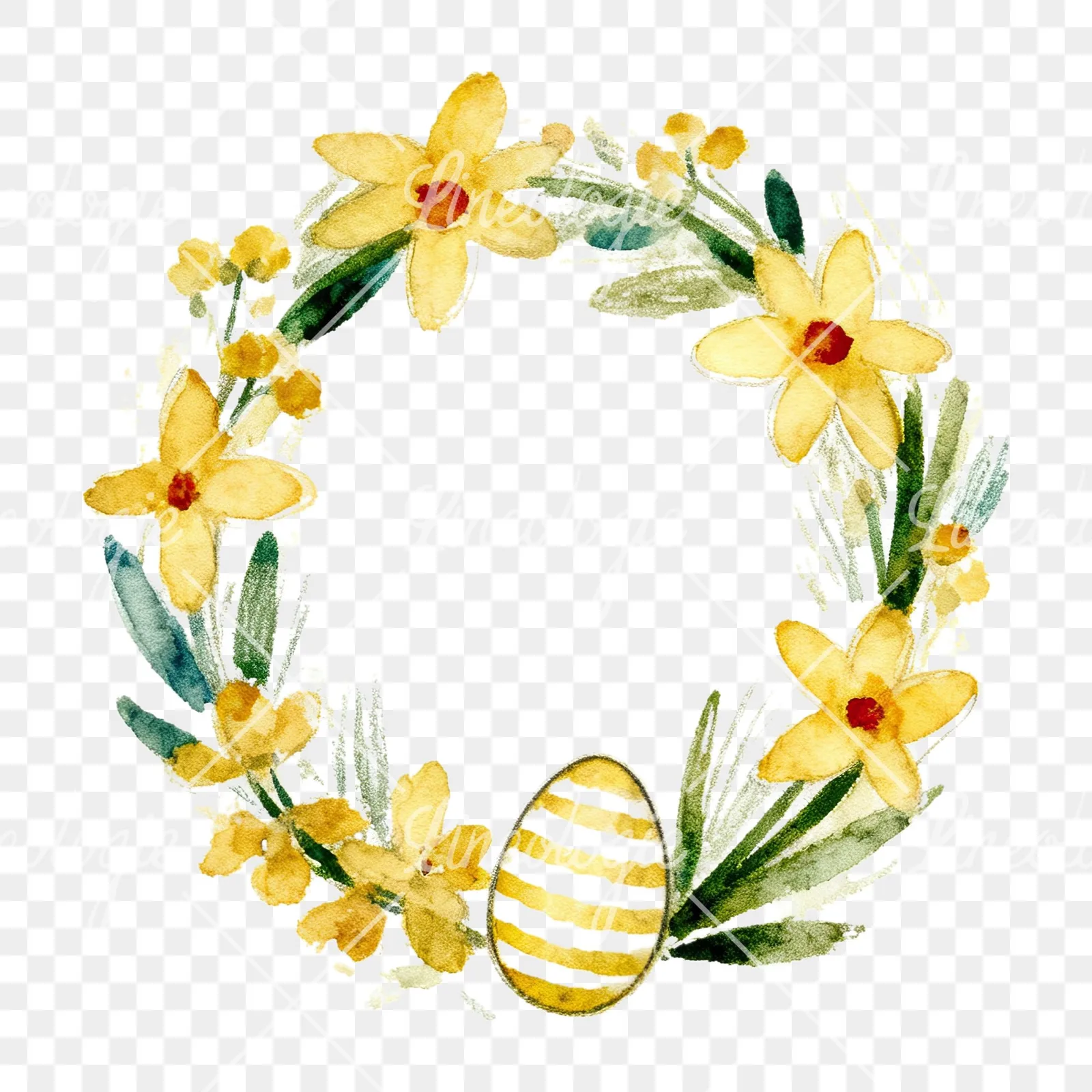 Watercolor Easter wreath with flowers and eggs clipart 8 of 9 on a transparent background (PNG)