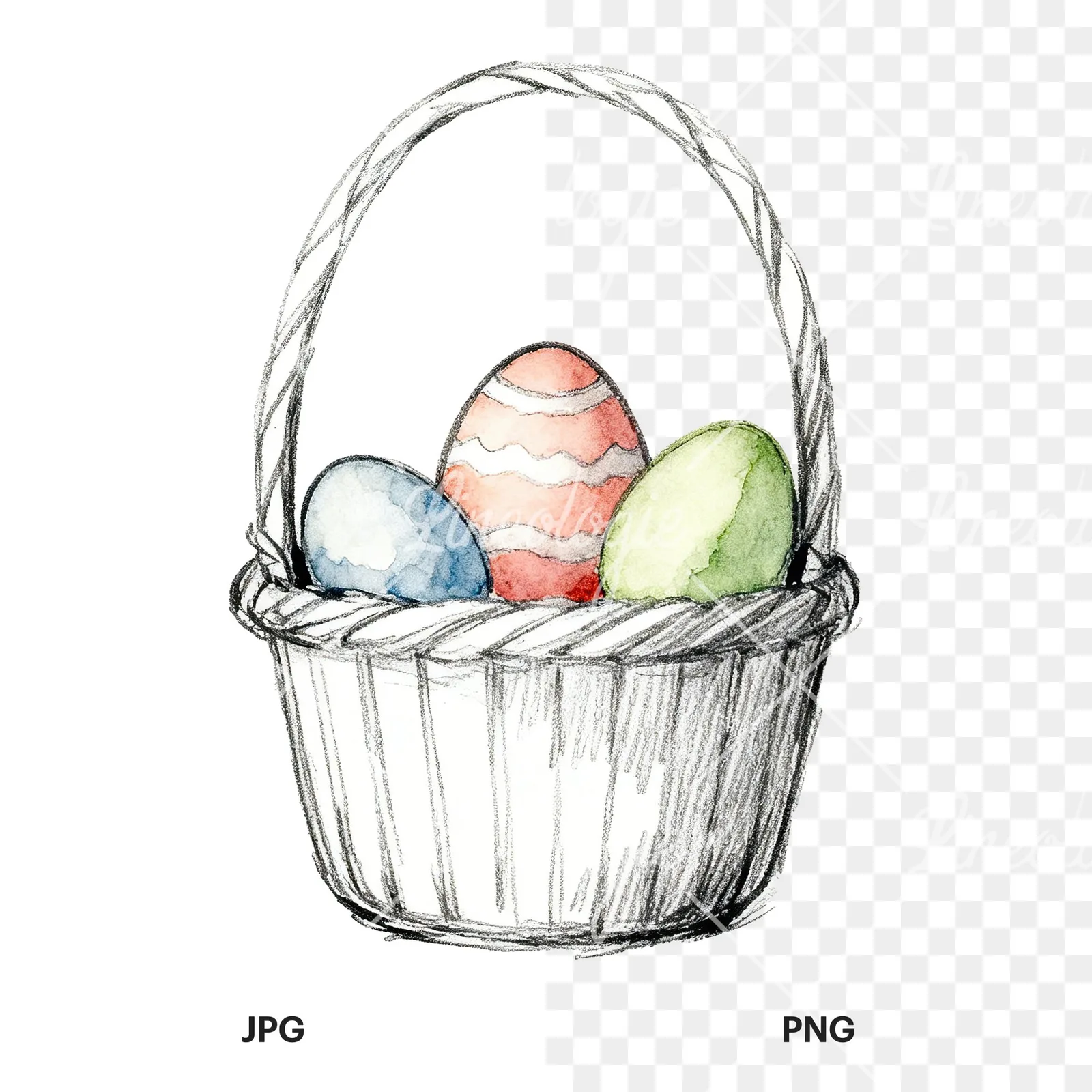 Watercolor floral basket clipart 1 of 9, as a JPG on white and a transparent PNG