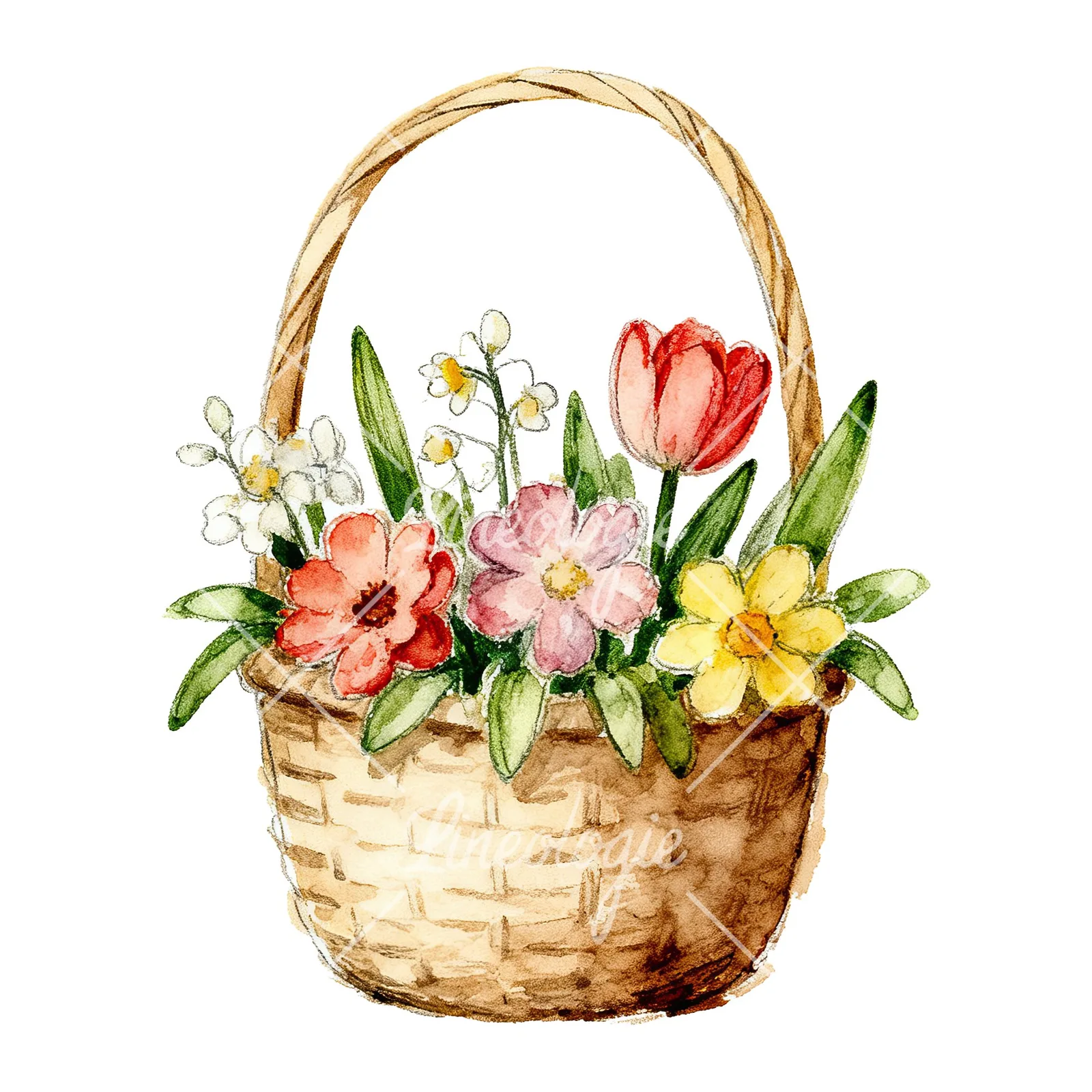 Watercolor floral basket clipart 2 of 9 on a white background (JPG)