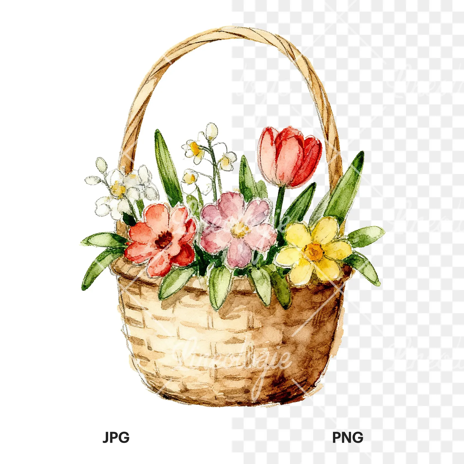 Watercolor floral basket clipart 2 of 9, as a JPG on white and a transparent PNG