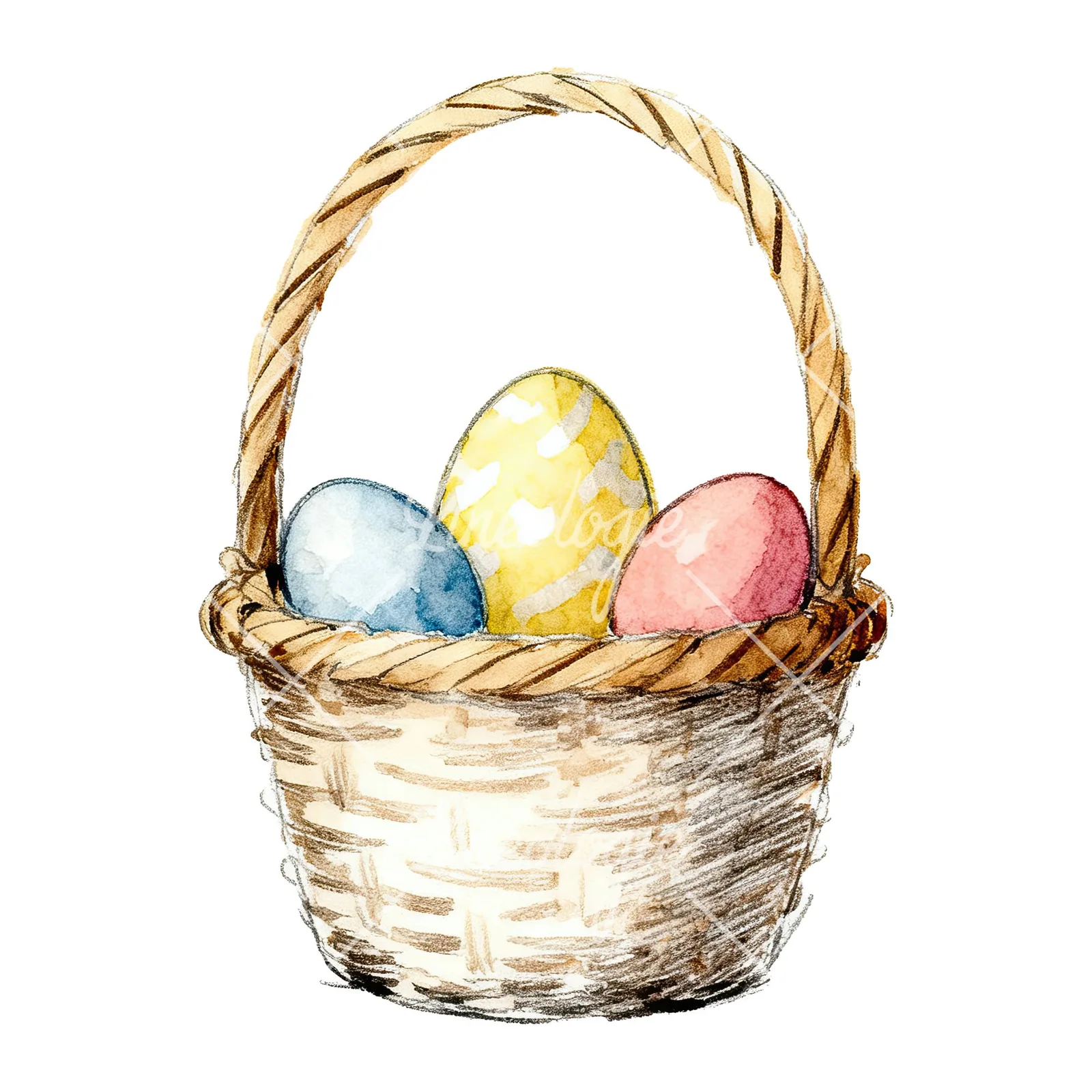 Watercolor floral basket clipart 3 of 9 on a white background (JPG)