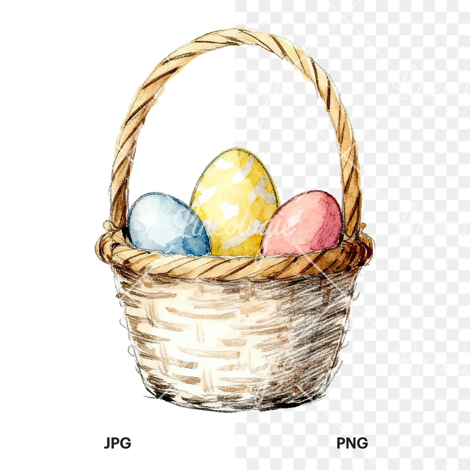 Watercolor floral basket clipart 3 of 9, as a JPG on white and a transparent PNG