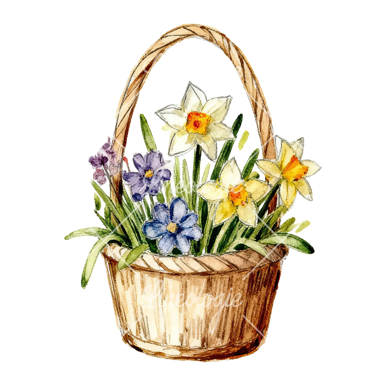 Watercolor floral basket clipart 4 of 9 on a white background (JPG)