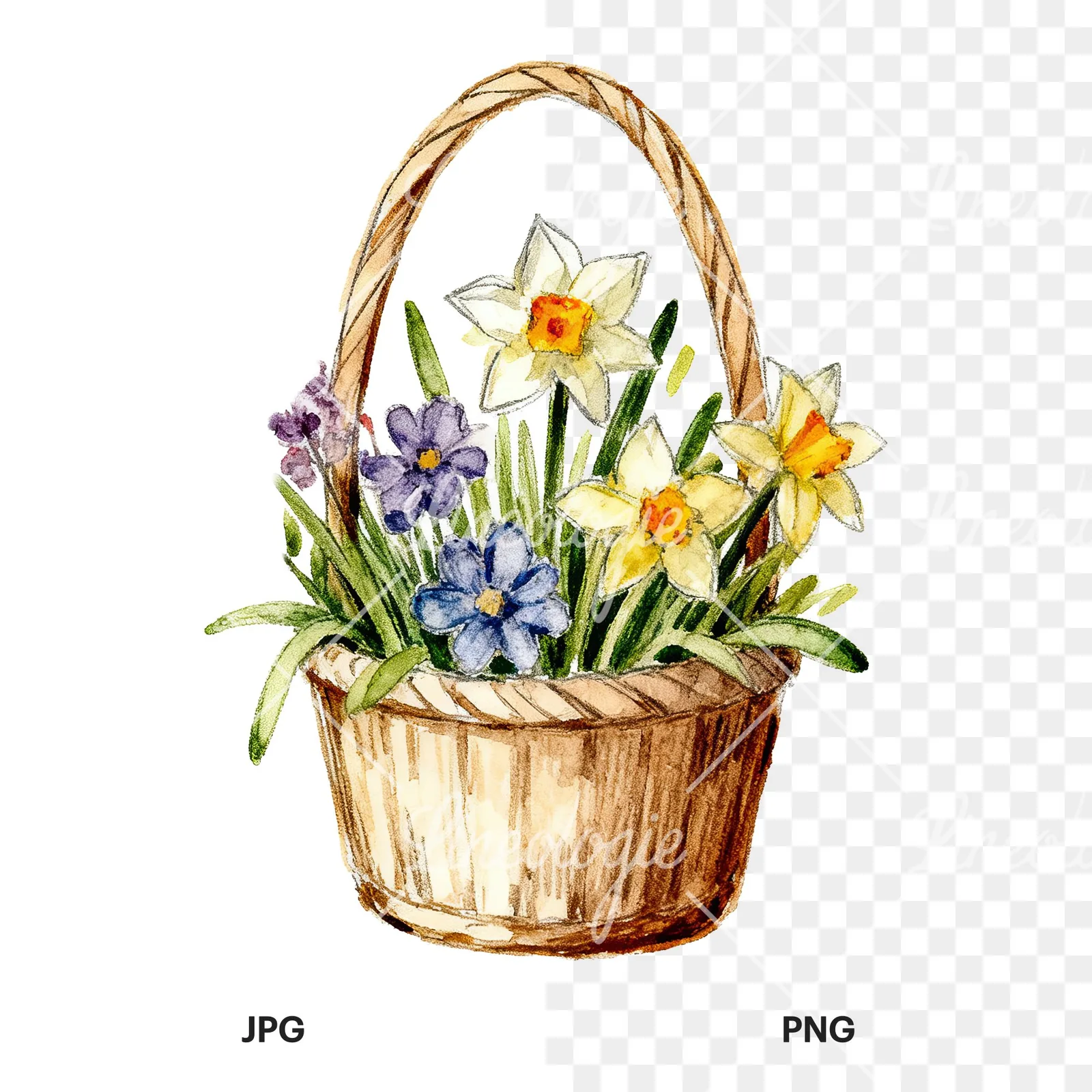 Watercolor floral basket clipart 4 of 9, as a JPG on white and a transparent PNG