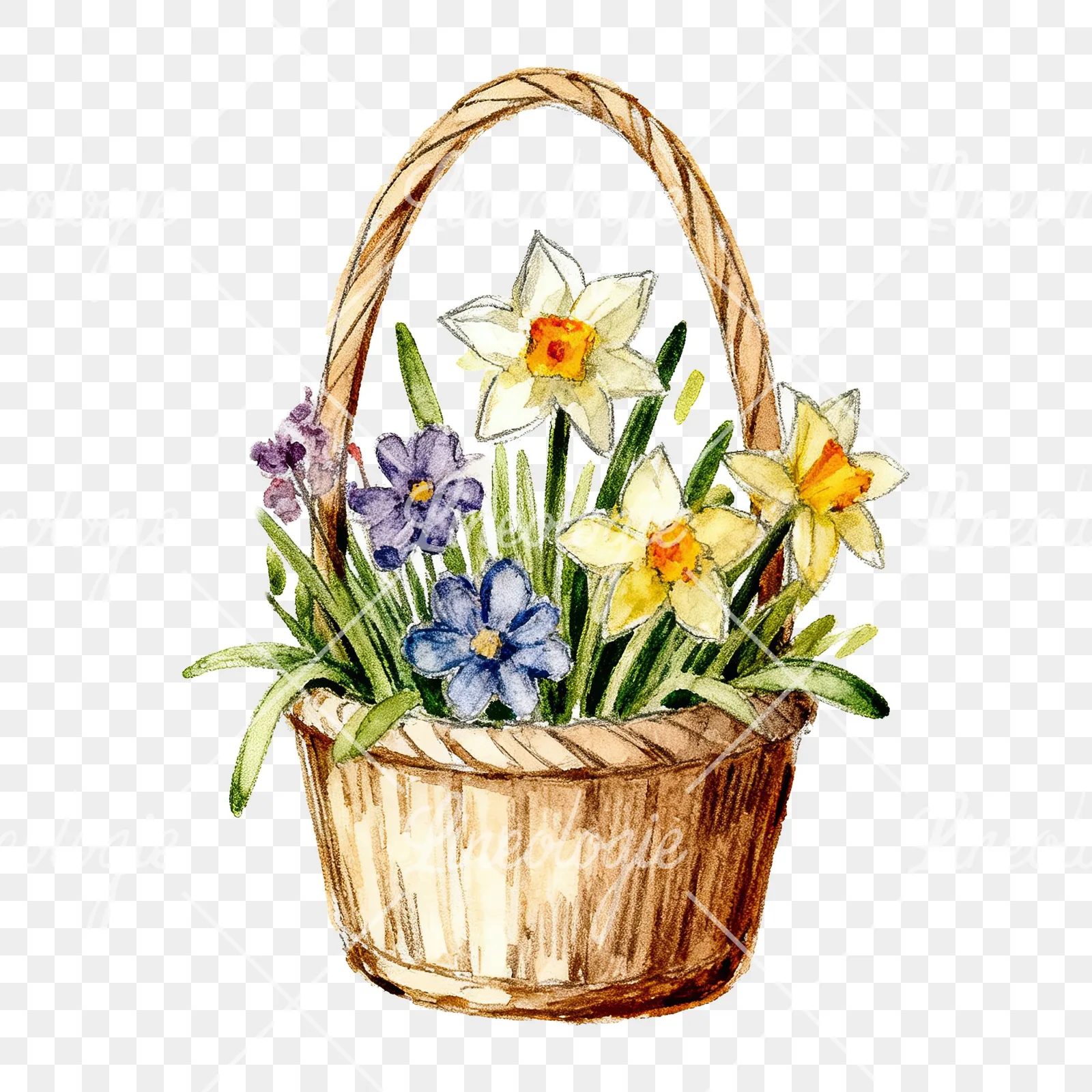 Watercolor floral basket clipart 4 of 9 on a transparent background (PNG)