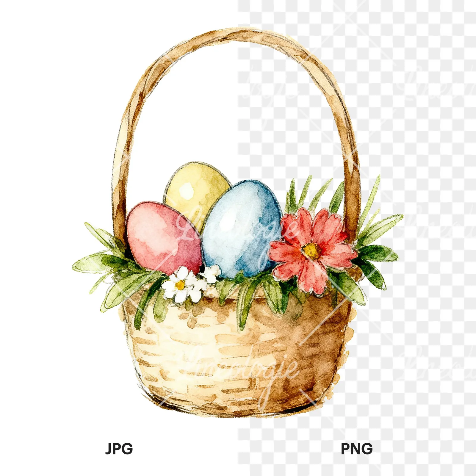 Watercolor floral basket clipart 5 of 9, as a JPG on white and a transparent PNG