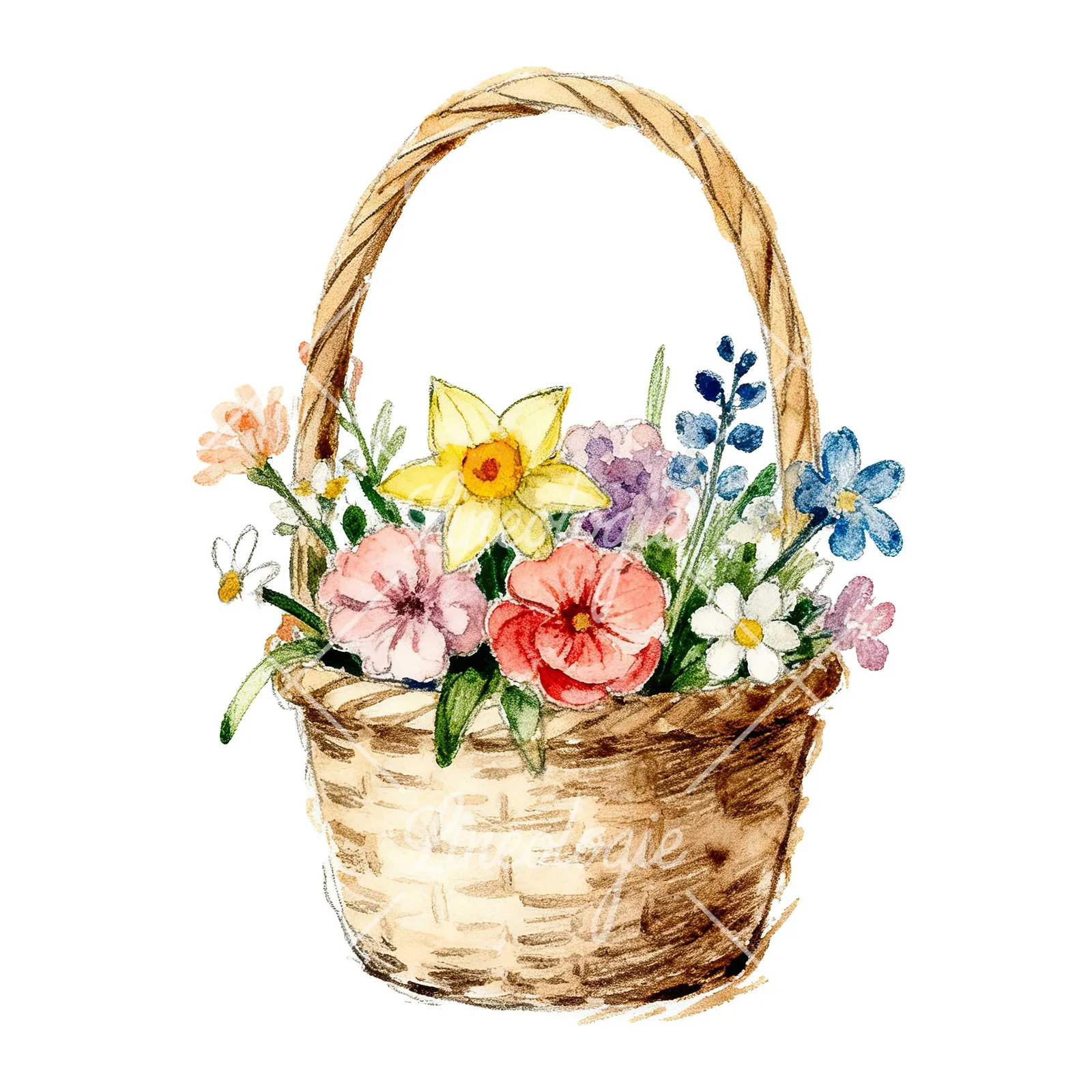 Watercolor floral basket clipart 6 of 9 on a white background (JPG)
