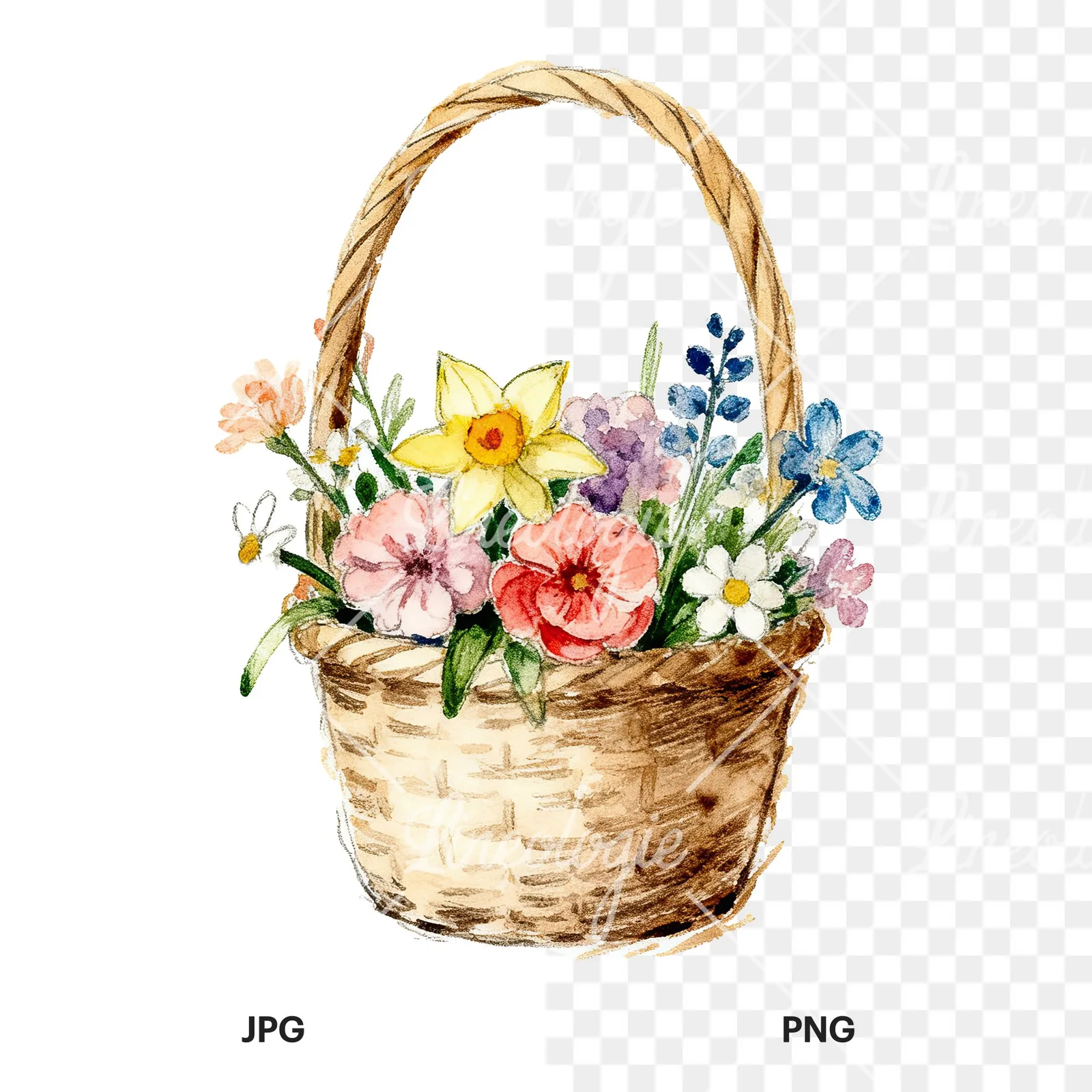 Watercolor floral basket clipart 6 of 9, as a JPG on white and a transparent PNG
