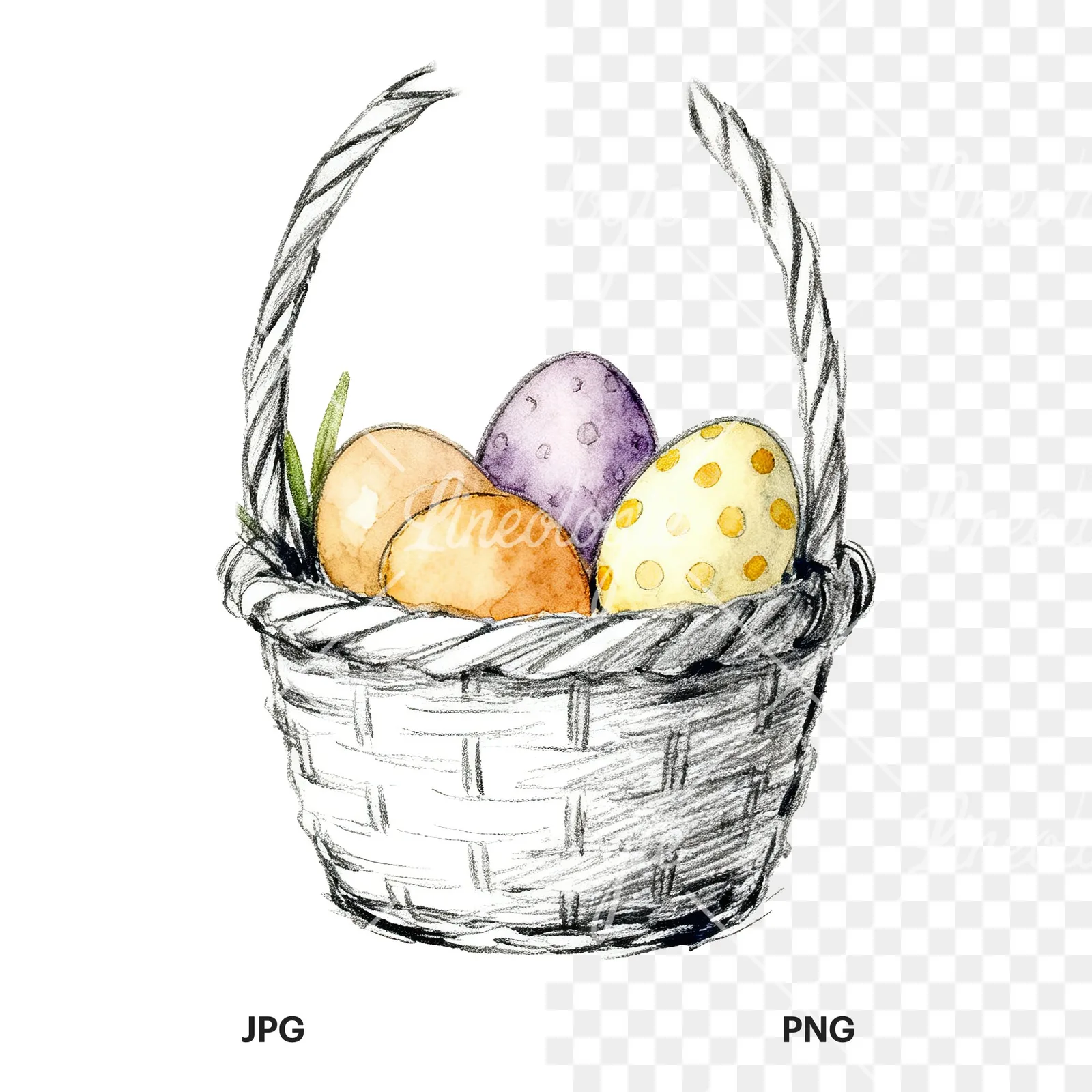 Watercolor floral basket clipart 7 of 9, as a JPG on white and a transparent PNG