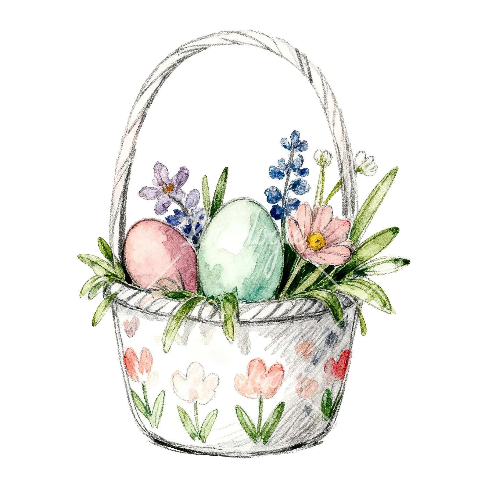 Watercolor floral basket clipart 8 of 9 on a white background (JPG)