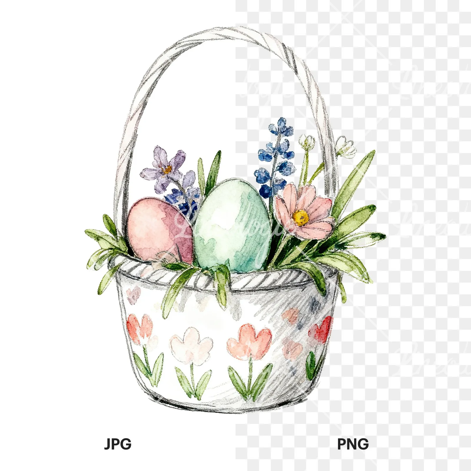 Watercolor floral basket clipart 8 of 9, as a JPG on white and a transparent PNG