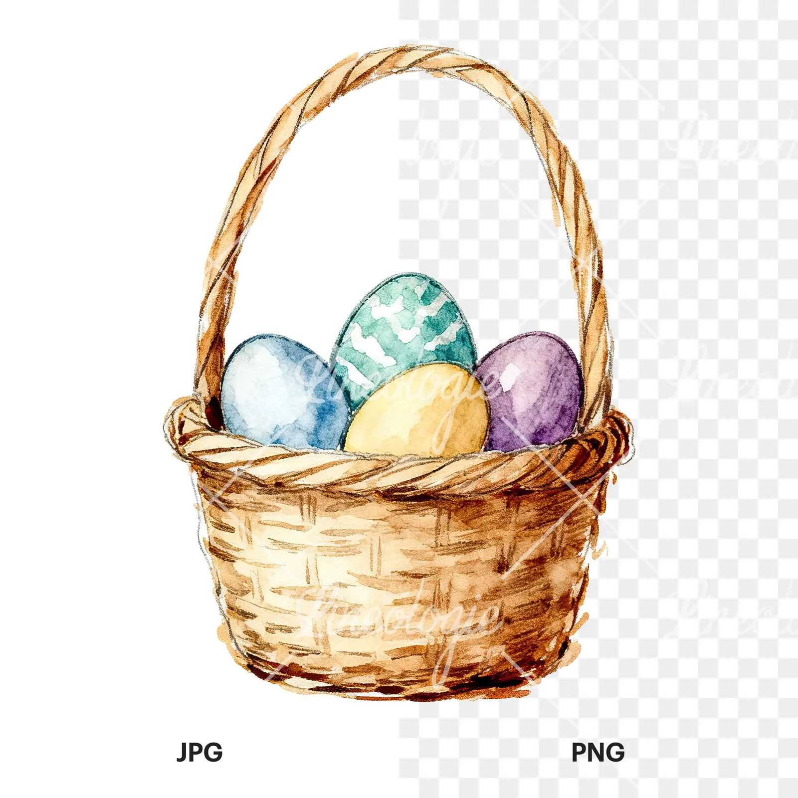 Watercolor floral basket clipart 9 of 9, as a JPG on white and a transparent PNG