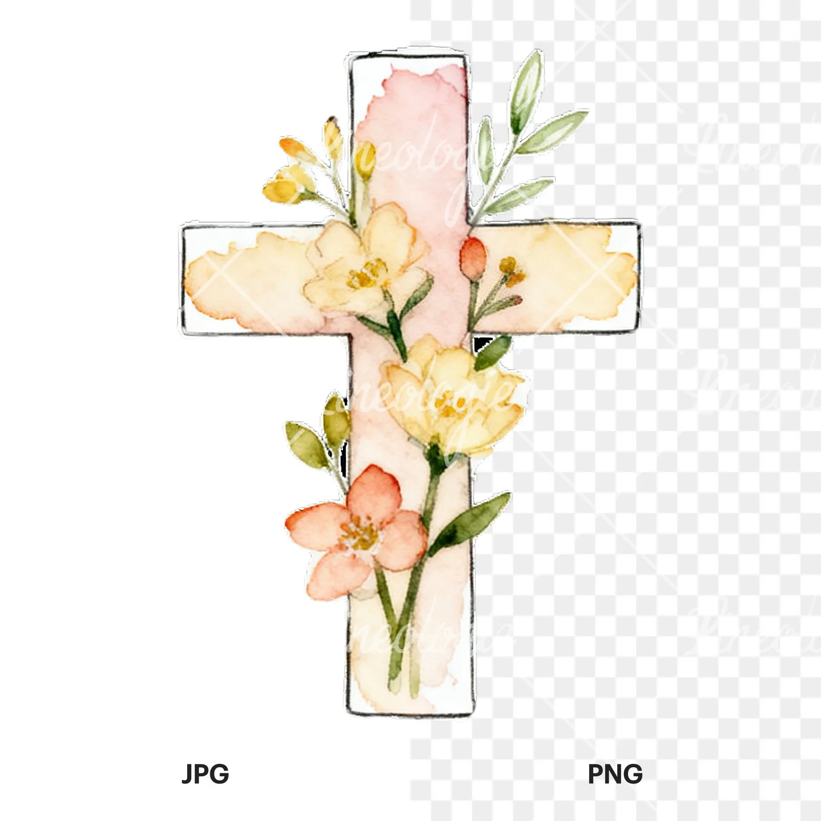 Watercolor floral crosses set clipart 2 of 9, as a JPG on white and a transparent PNG