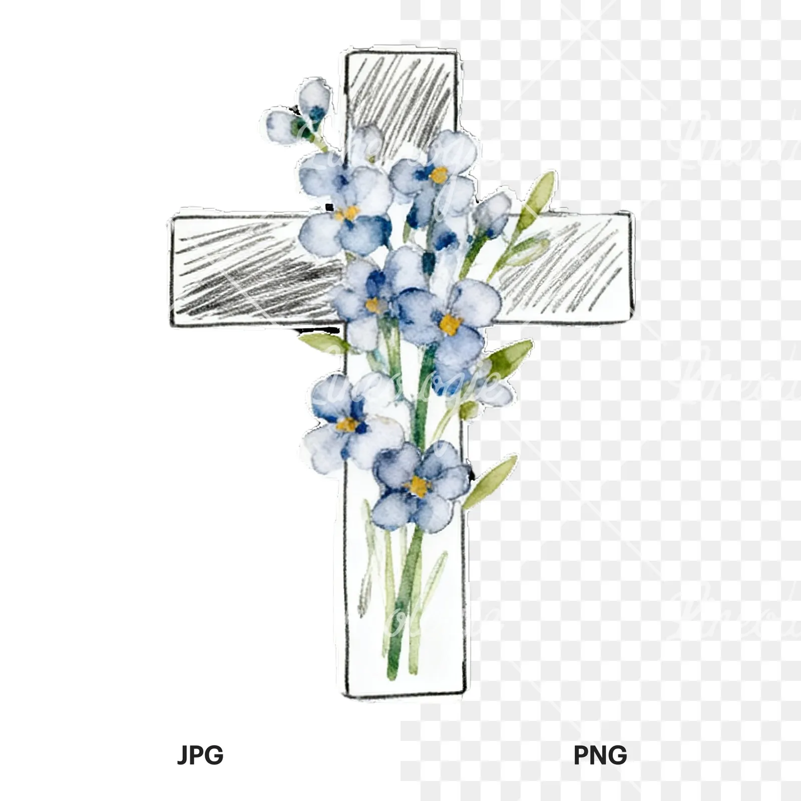 Watercolor floral crosses set clipart 3 of 9, as a JPG on white and a transparent PNG