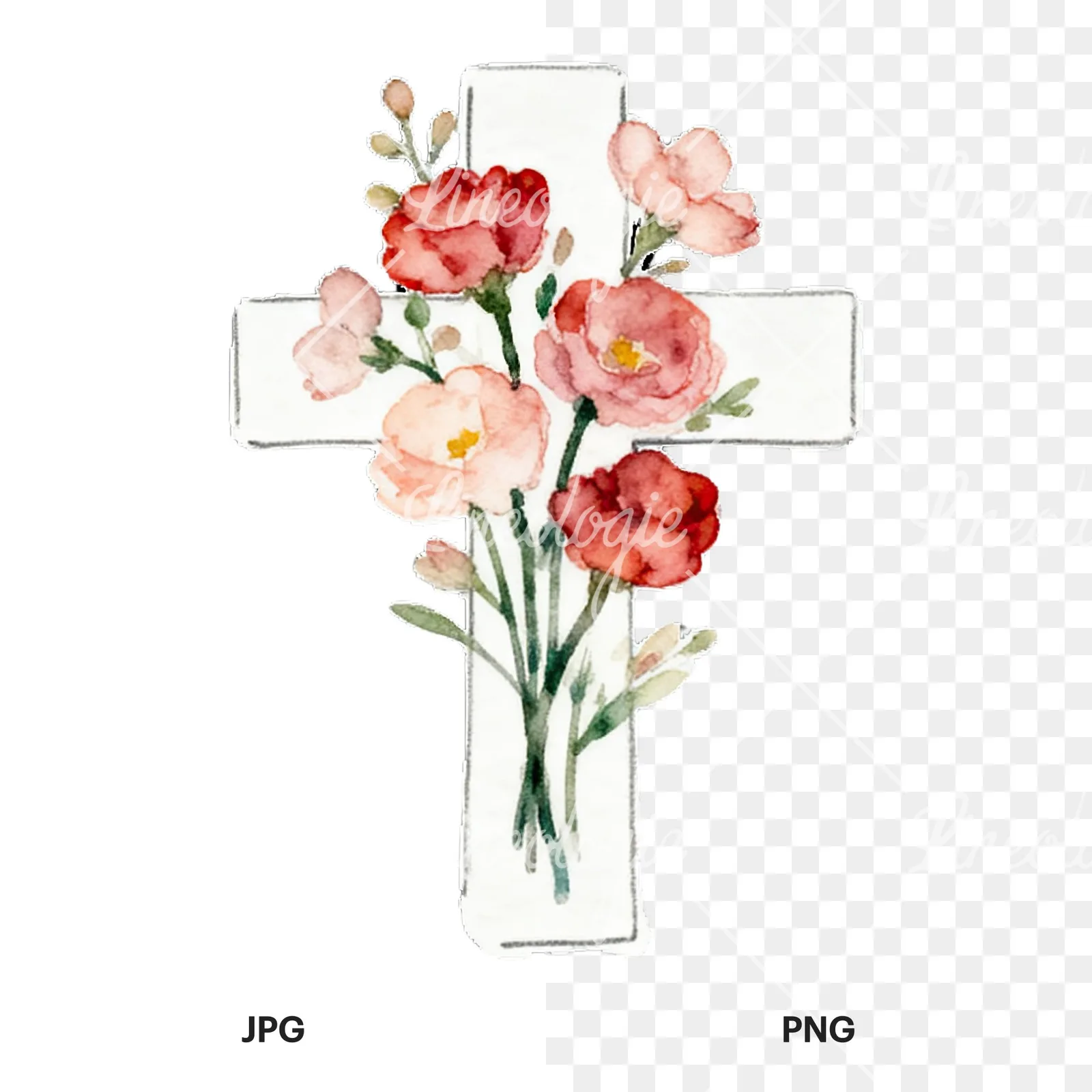 Watercolor floral crosses set clipart 4 of 9, as a JPG on white and a transparent PNG