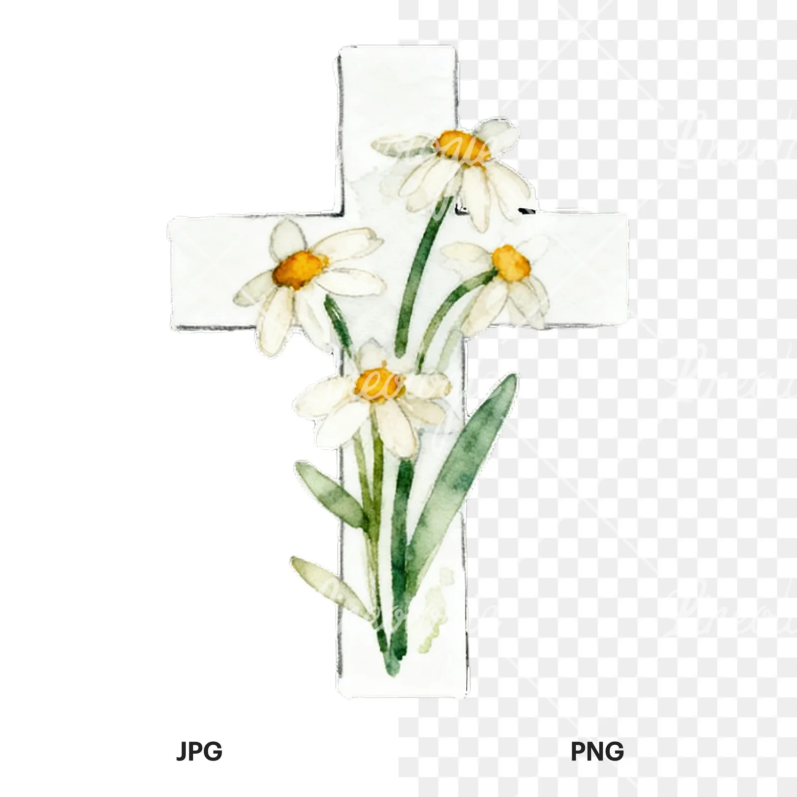 Watercolor floral crosses set clipart 5 of 9, as a JPG on white and a transparent PNG
