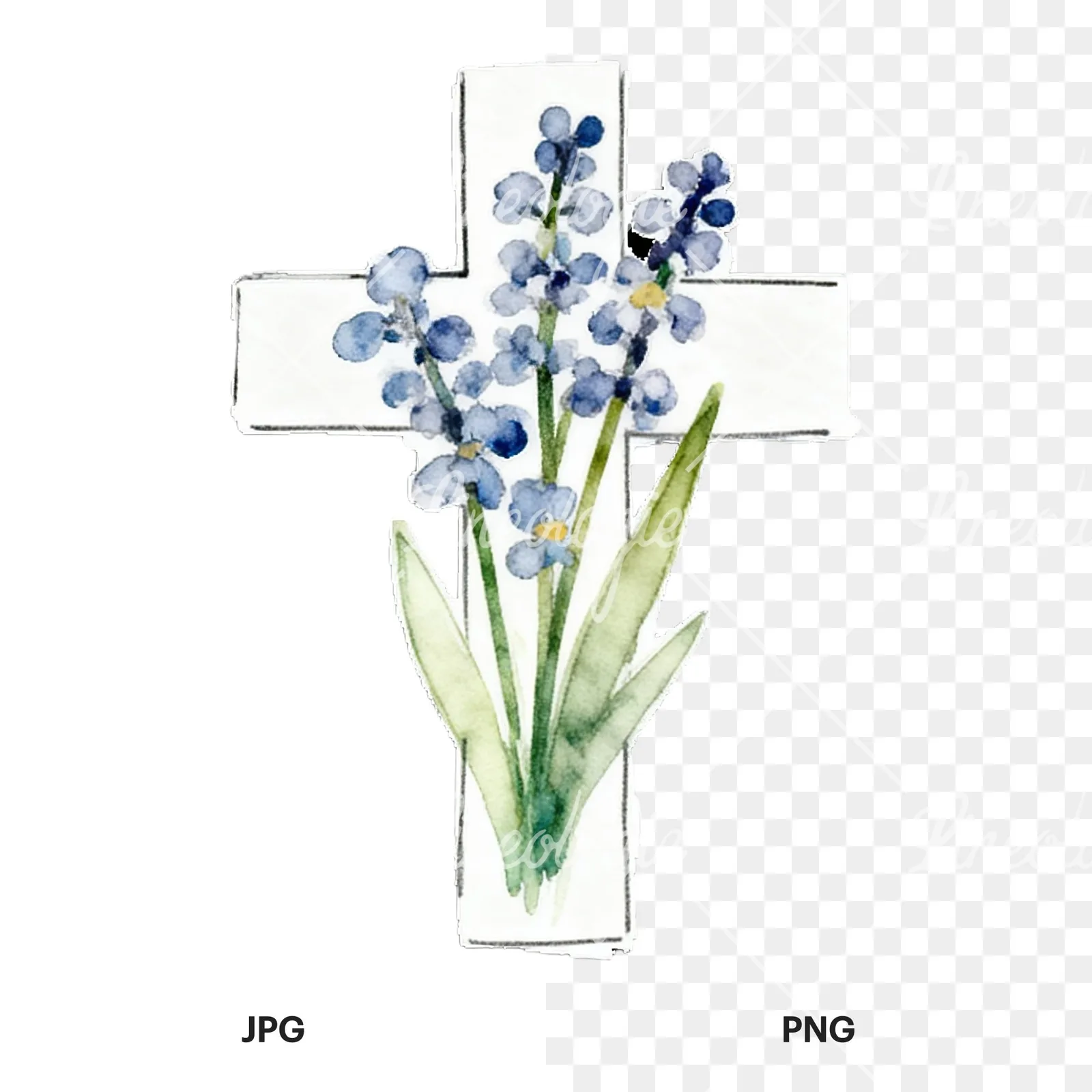 Watercolor floral crosses set clipart 7 of 9, as a JPG on white and a transparent PNG