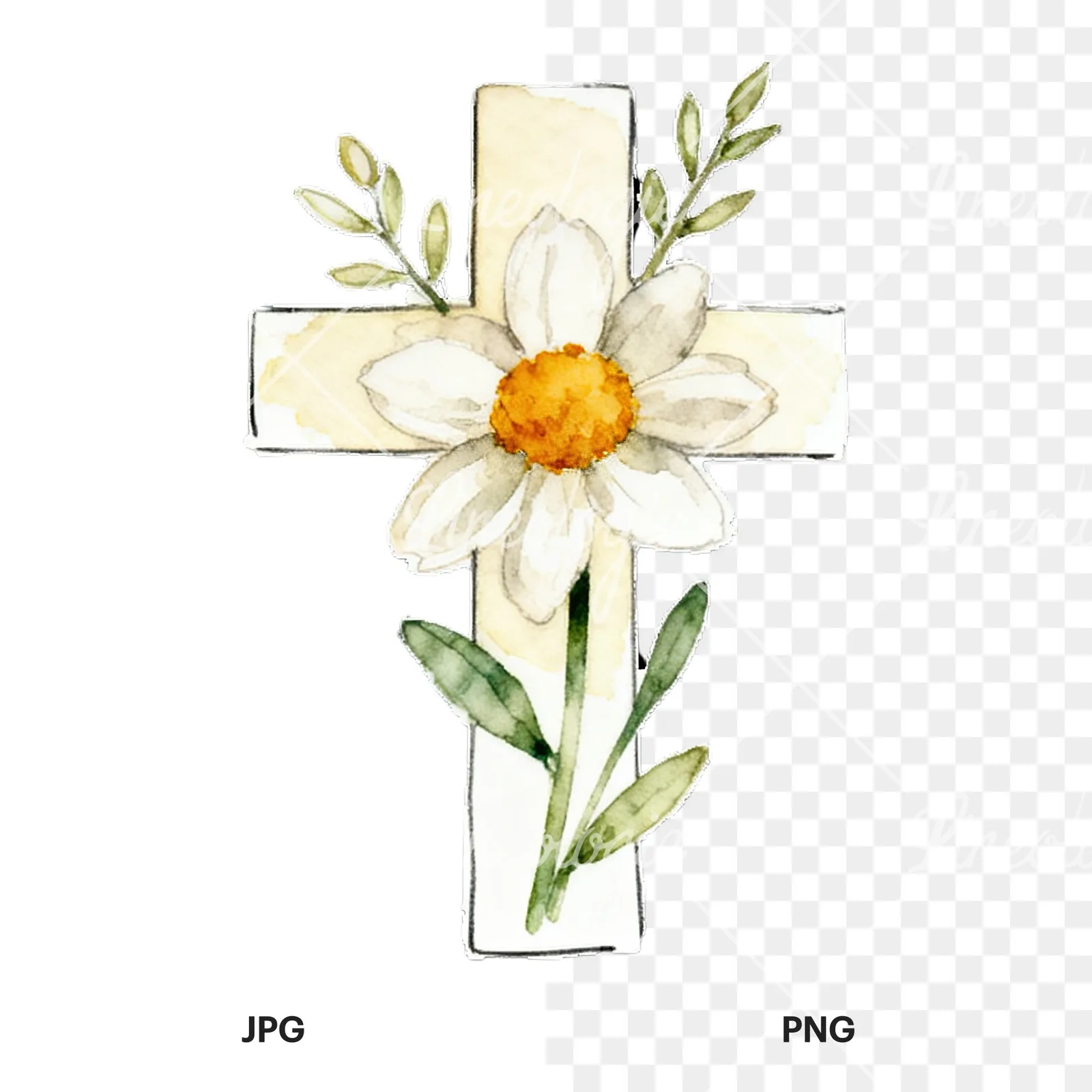 Watercolor floral crosses set clipart 8 of 9, as a JPG on white and a transparent PNG