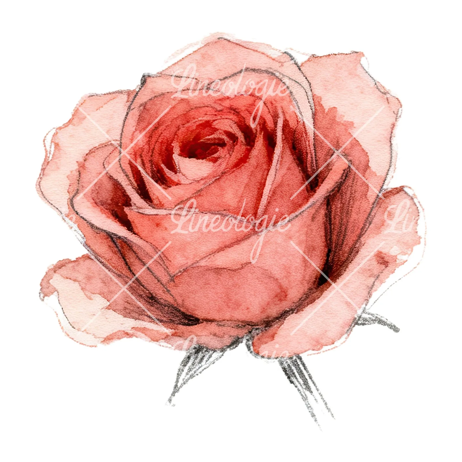 Watercolor red and pink rose with stems clipart 2 of 10 on a white background (JPG)