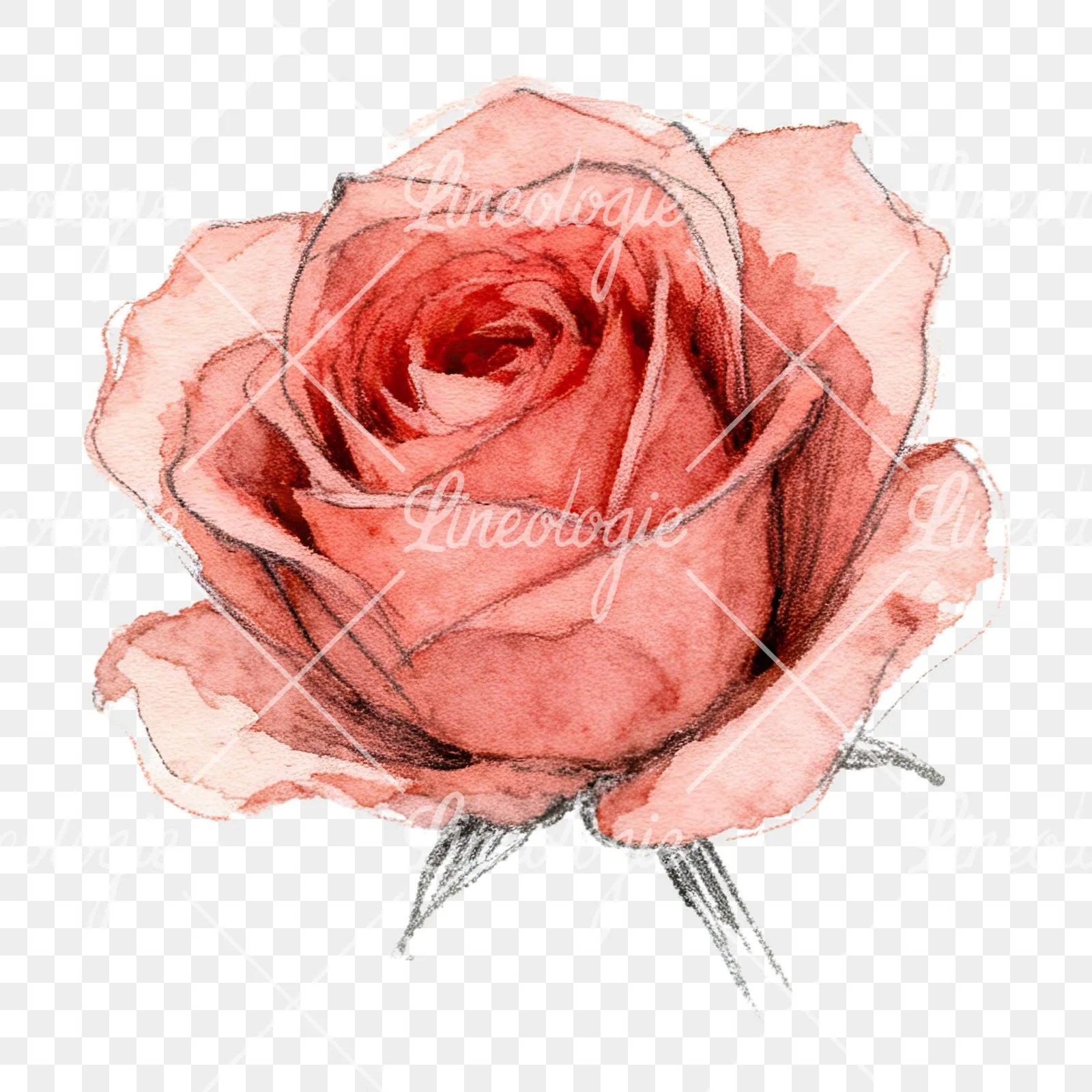 Watercolor red and pink rose with stems clipart 2 of 10 on a transparent background (PNG)