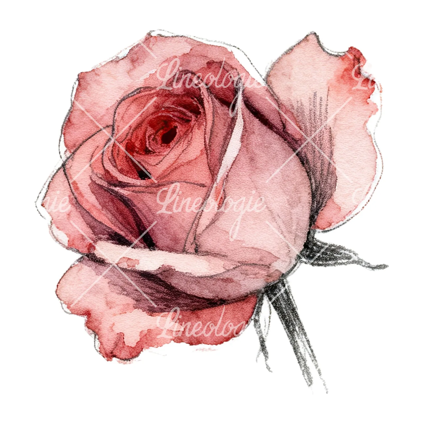 Watercolor red and pink rose with stems clipart 4 of 10 on a white background (JPG)