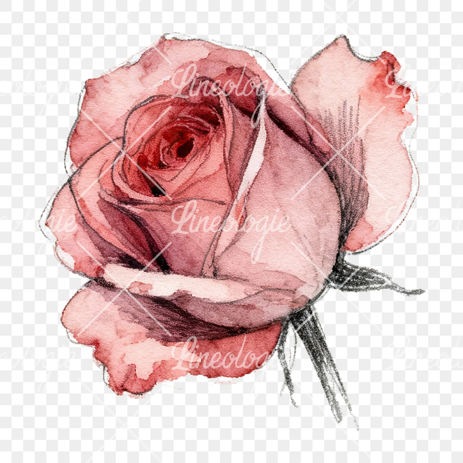 Watercolor red and pink rose with stems clipart 4 of 10 on a transparent background (PNG)
