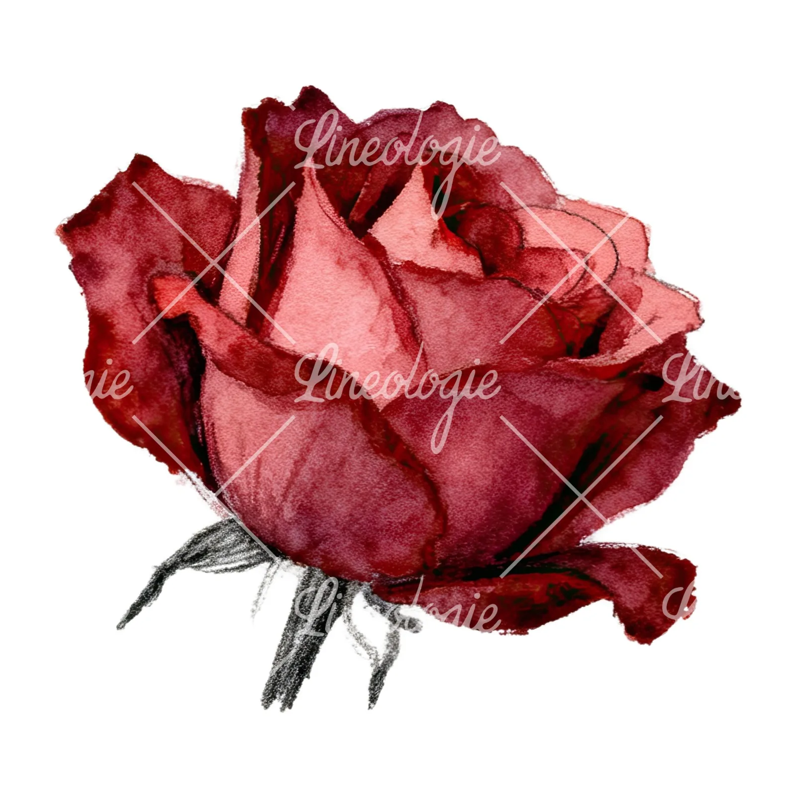 Watercolor red and pink rose with stems clipart 5 of 10 on a white background (JPG)