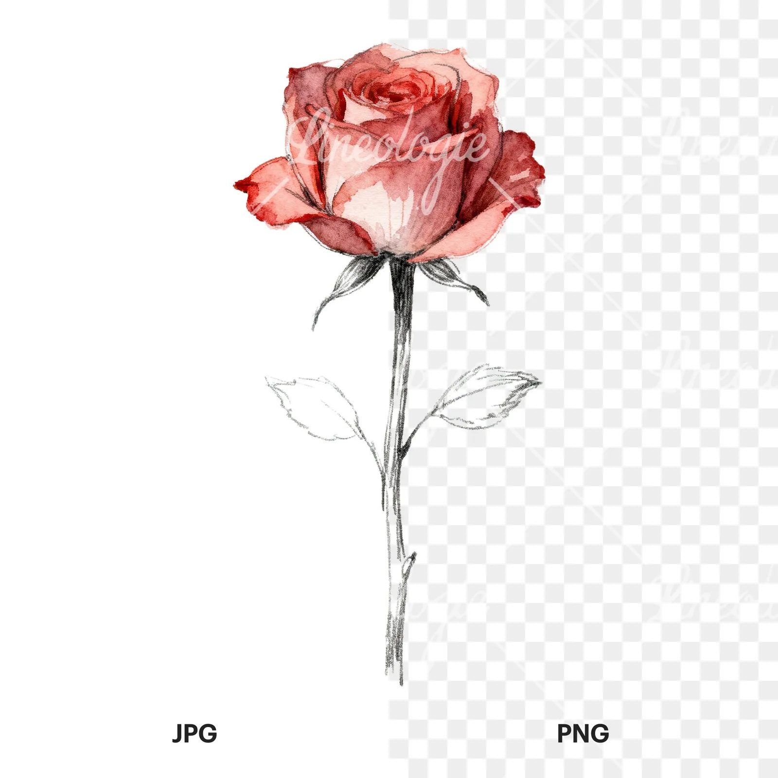 Watercolor red and pink rose with stems clipart 8 of 10, as a JPG on white and a transparent PNG